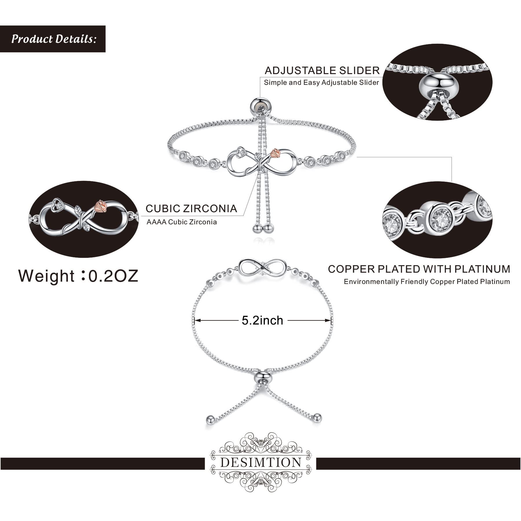 Desimtion Valentines Day Gifts for Women Teen Girls, Rose Infinity Bracelets, Birthday Easter Gifts for Girls Her Wife Girlfriend, Gifts for Women, Trendy Stuff Gifts for Teen Girls