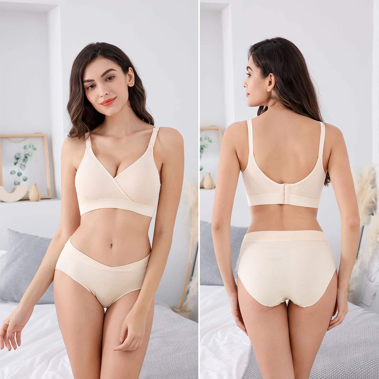 Vinfact 3 Pack Nursing Bras for Breastfeeding Seamless V Neck Maternity Bra Women Pregnancy Breastfeeding Bra - M,Black/Nude/Grey