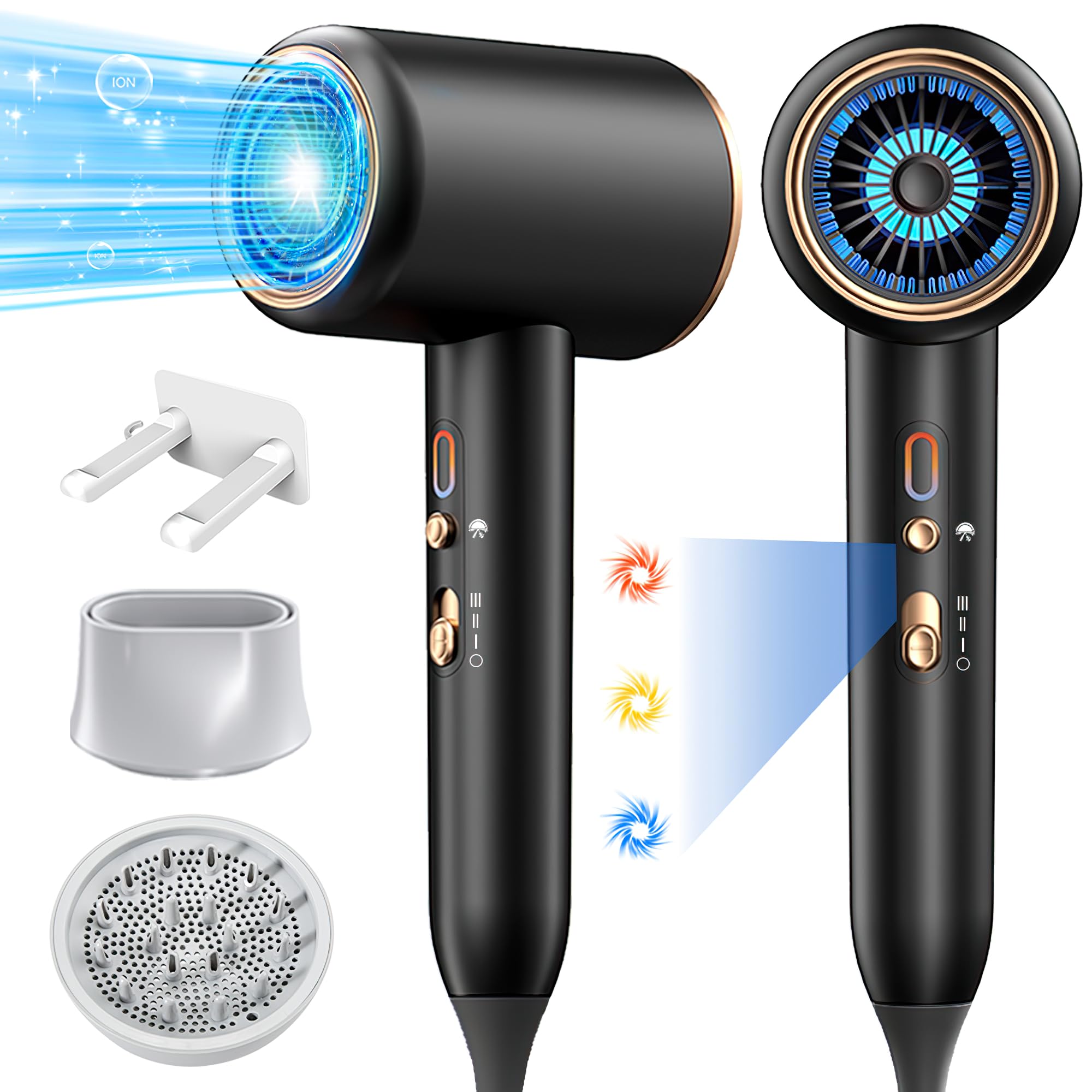 Ionic Hair Dryer,Blow Dryer, with Diffuser & Concentrator Nozzle,Secadora de Pelo | 1875W Turbo Ultra-Quiet Motor | 2 Heat & 3 Speed Settings | Quick Heat-Up & Constant Temperature,Black