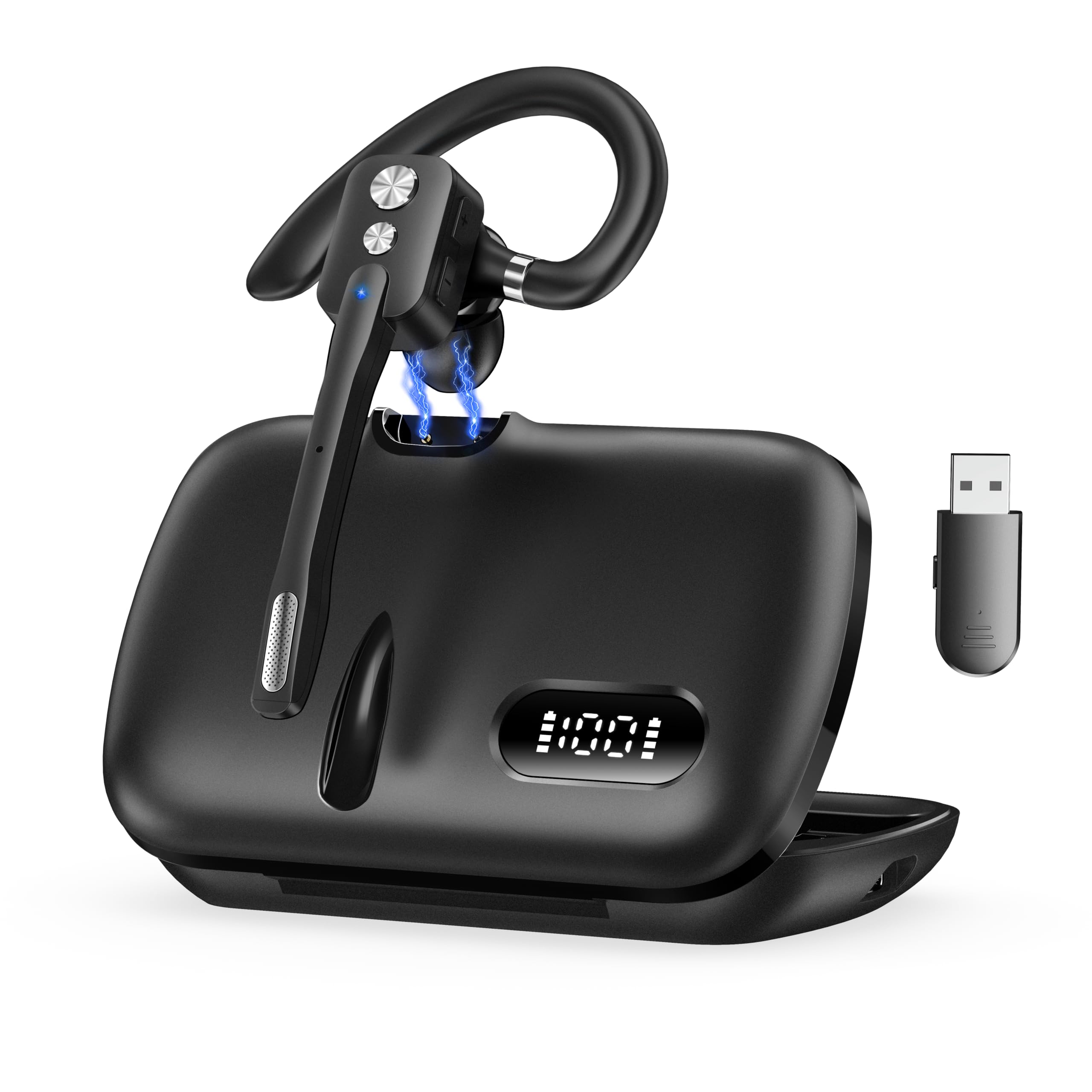 ICOMTOFIT Bluetooth Headset, Wireless Bluetooth Earpiece with Dual-Mic & Noise Canceling, V5.3 Hands-Free Single Ear Headset with Charging Case for Trucker, Office, Designed for Ergonomics