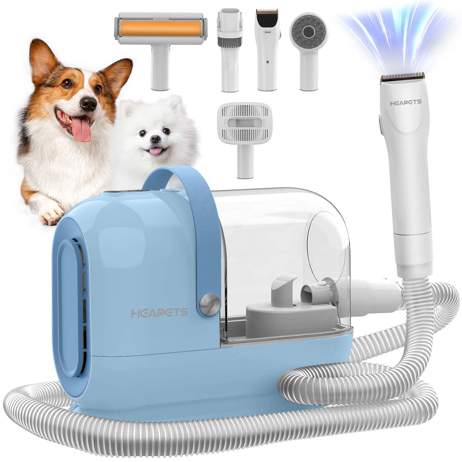 HEAPETS Dog Grooming Vacuum Kit, 3L Pet Grooming Vacuum with 7 Pet Grooming Tools, Dog Vacuum for Shedding Grooming at Home with Low Noise Electric Clipper and Brush, Blue-Light Blue