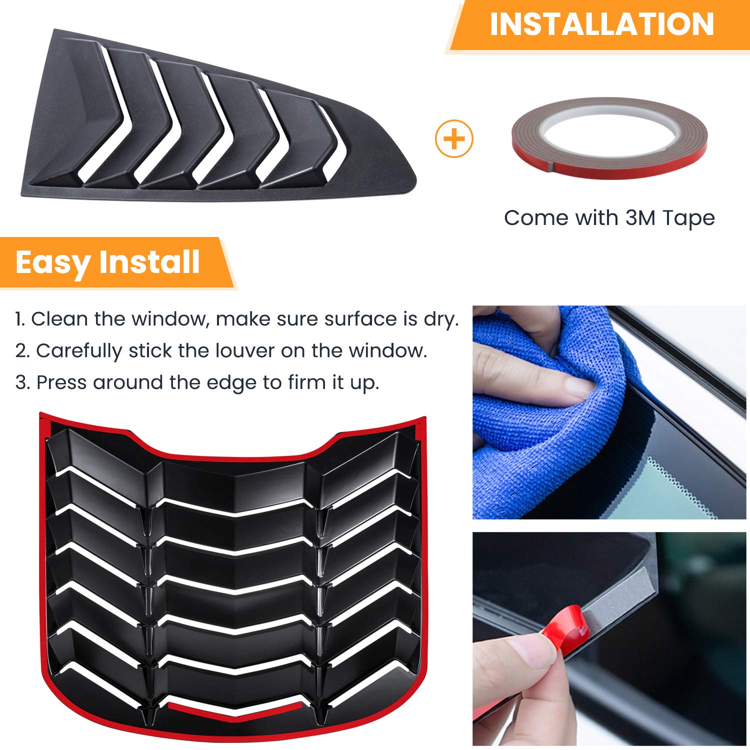 E-cowlboy Rear+Side Window Louvers for Ford Mustang 2015 2016 2017 2018 2019 2020 2021 2022 2023 Windshield Sun Shade Cover Vent GT Lambo Style Exterior Accessories All Weather ABS (Matte Black)