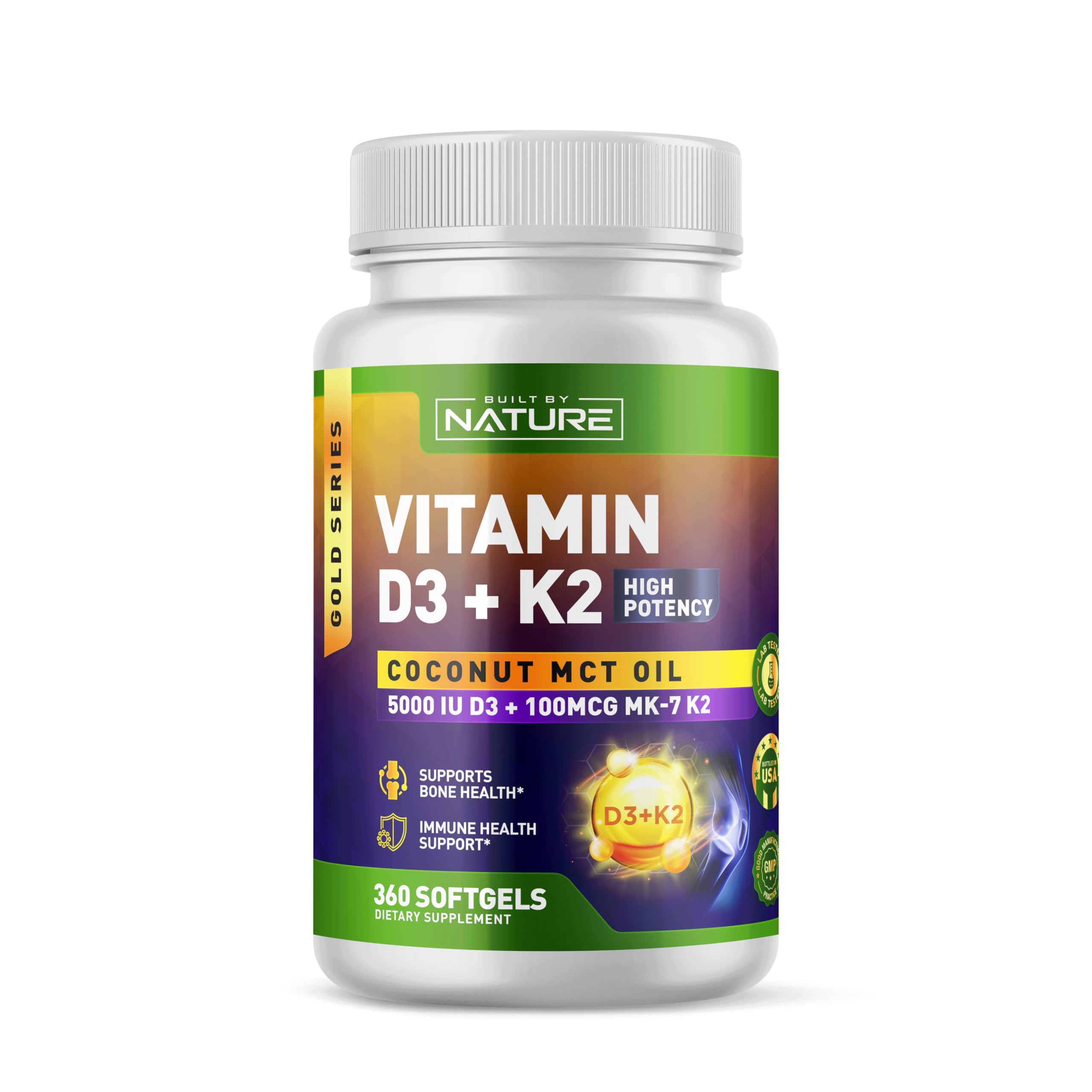 Built by Nature Vitamin D3 K2 5000 IU + 100 mcg MK-7 - Extra Strength, High Absorption - Bone, Heart & Immune Support - Coconut MCT Oil - Non-GMO – 1 Year Supply - 360 Softgels
