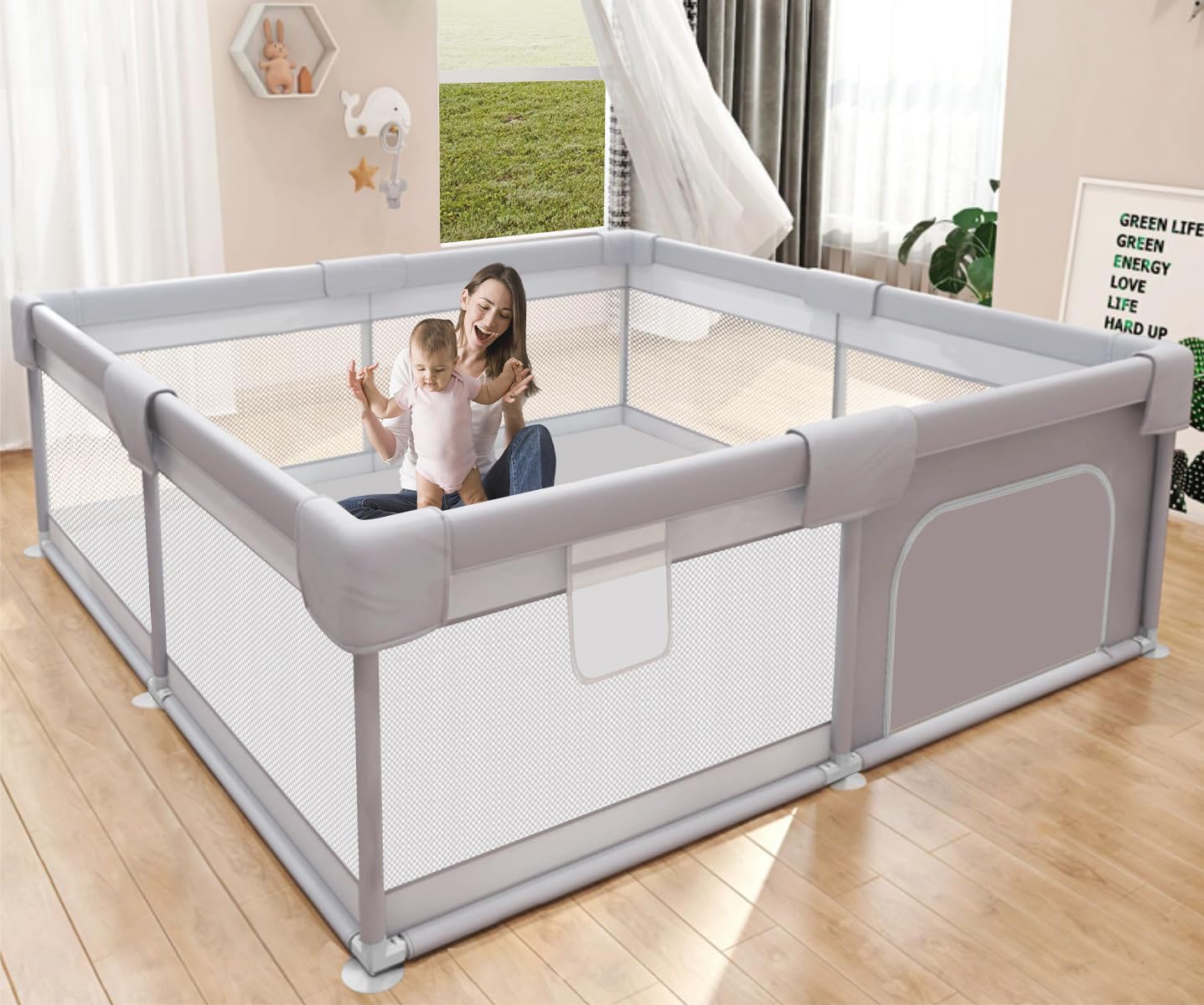 Hiaksedt Baby Playpen 50x50 Inch, Play Pens for Babies and Toddlers Baby Fence Baby Play Yards for Indoor & Outdoor with Breathable Mesh Anti-Fall Playpen