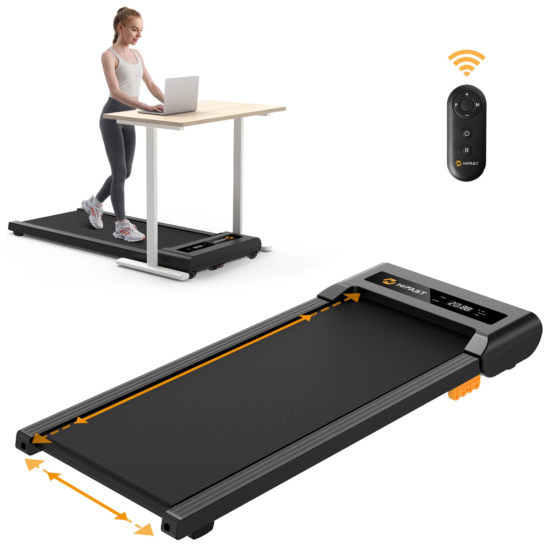 HiFast Walking Pad, 2.5HP Under Desk Treadmill for Home Office, 300 Lbs Capacity Portable Treadmills with Remote Control & LED Display, 2 in 1 Treadmill for Walking Jogging and Running