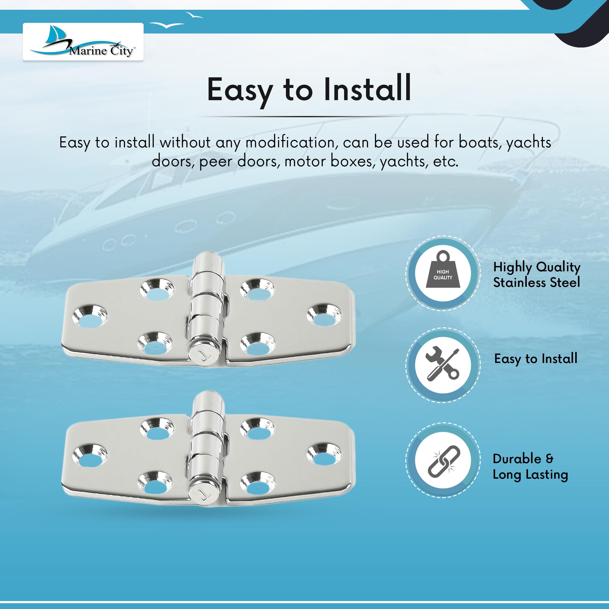 MARINE CITY Heavy Duty 304 Stainless Steel Polished Door Strap Hinges (1-1/2 × 3 Inches) for Boats – Kayaks – Yacht Doors – Peer Doors – Motor Boxes (Pack of 2)