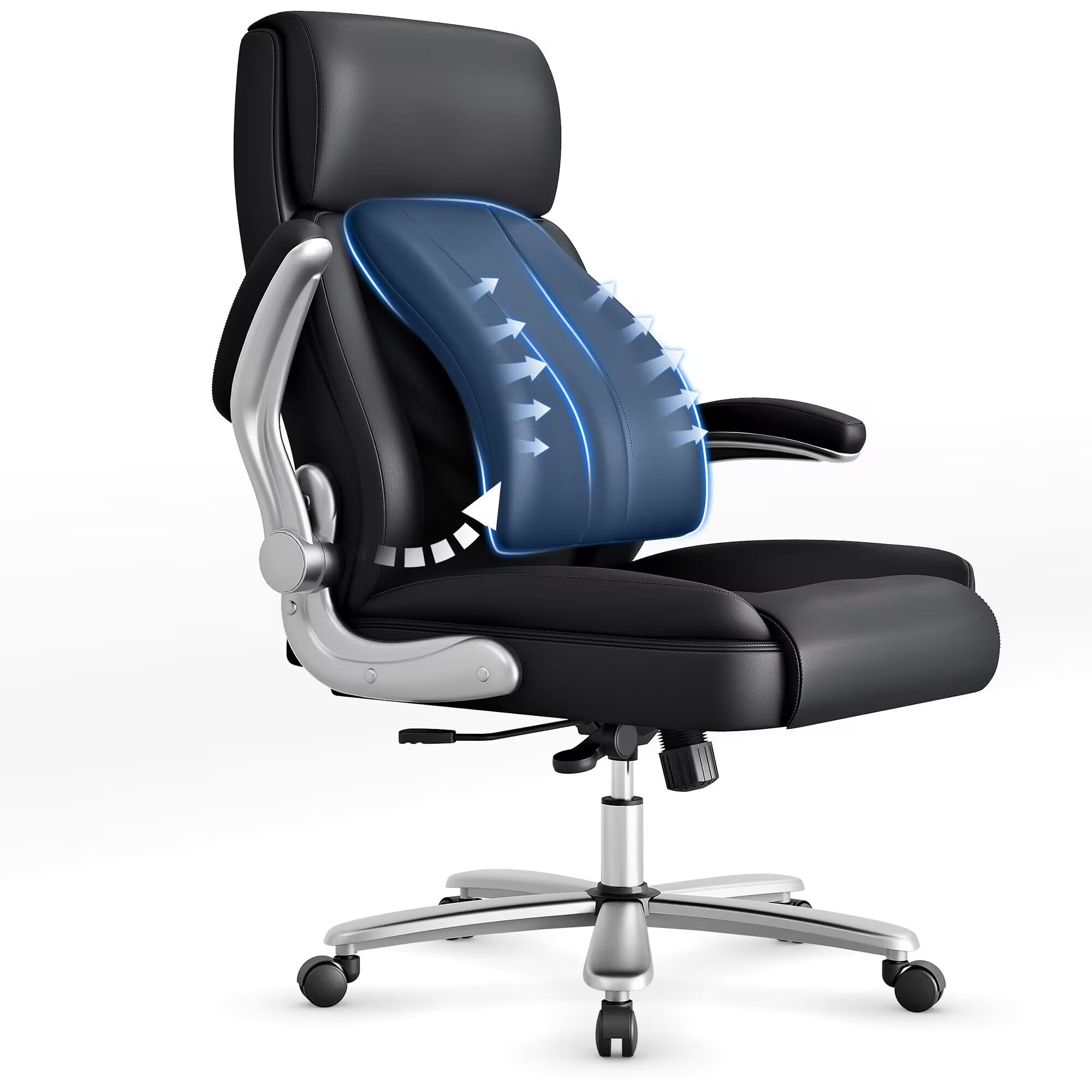 NexHut Office Chair, Ergonomic Desk Chair, 500lbs Heavy Duty Executive Leather Chair with Adjustable Lumbar Support, Flip-up Arms, Wide Thick Seat, High Back Comfy Computer Chair for Back Pain