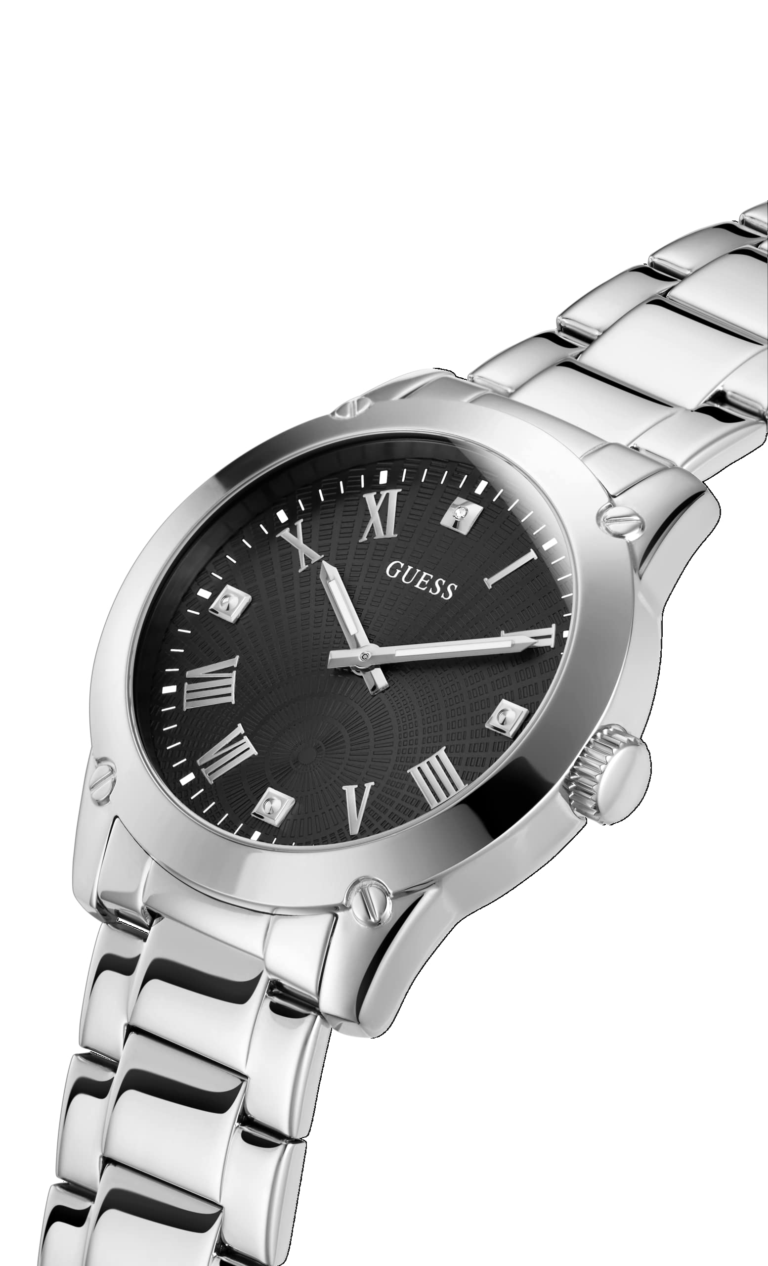 GUESS Men's 44mm Watch - Silver Tone Strap Black Dial Silver Tone Case