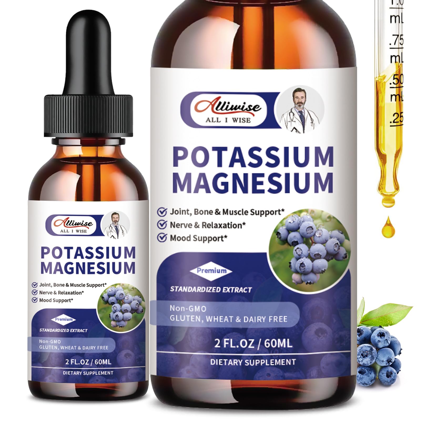 Alliwise 2 Pack Potassium Magnesium Supplement Liquid - High Absorption Calm Magnesium Complex & Potassium Plus Calcium, Vitamin D3, Zinc for Leg Cramps & Bone & Energy & Immune Support - 4 Fl oz