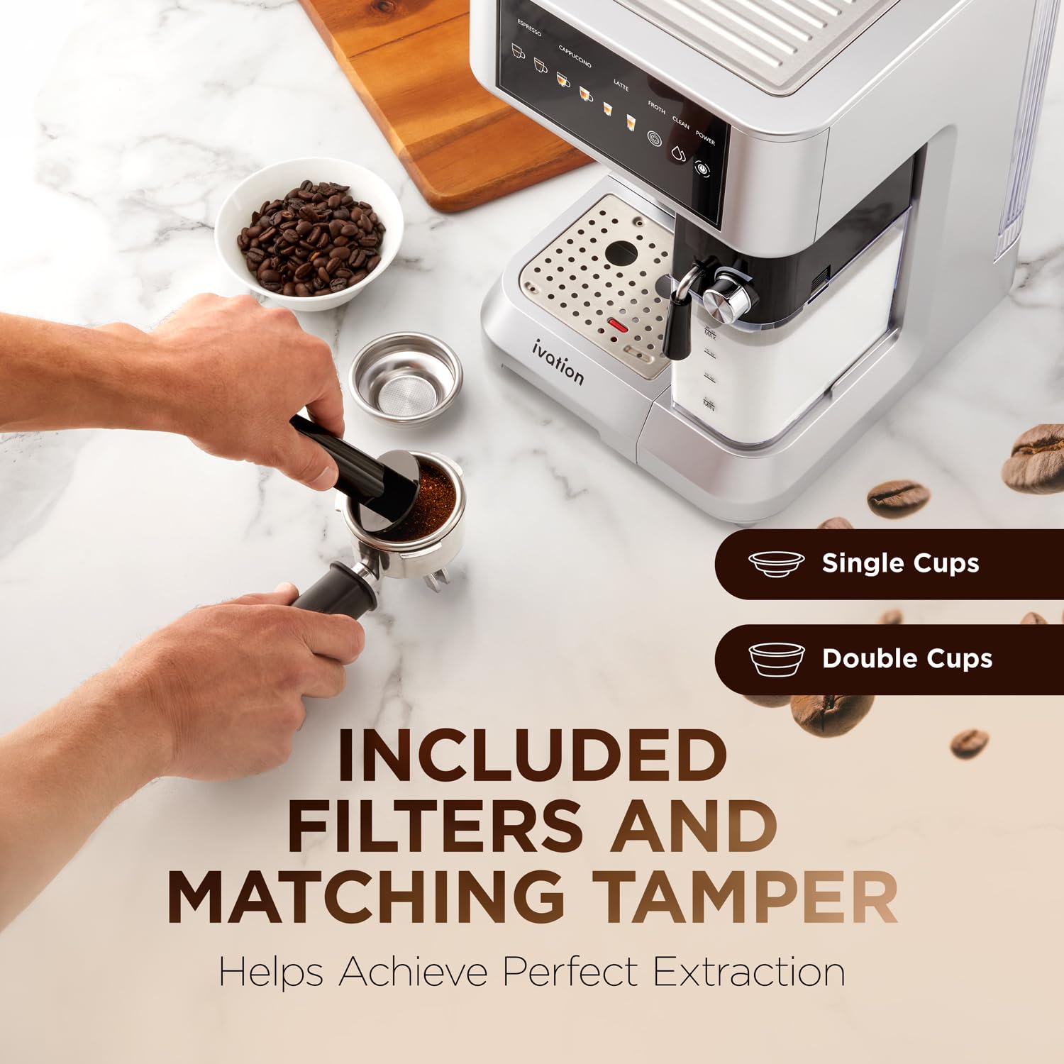 Ivation Espresso & Cappuccino Maker w/Milk Frother | 58mm | Coffee Machine for Home | Single & Double Shots | Espresso, Cappuccino, Latte, & Froth | Auto-Clean & Descale - Detachable Milk Reservoir