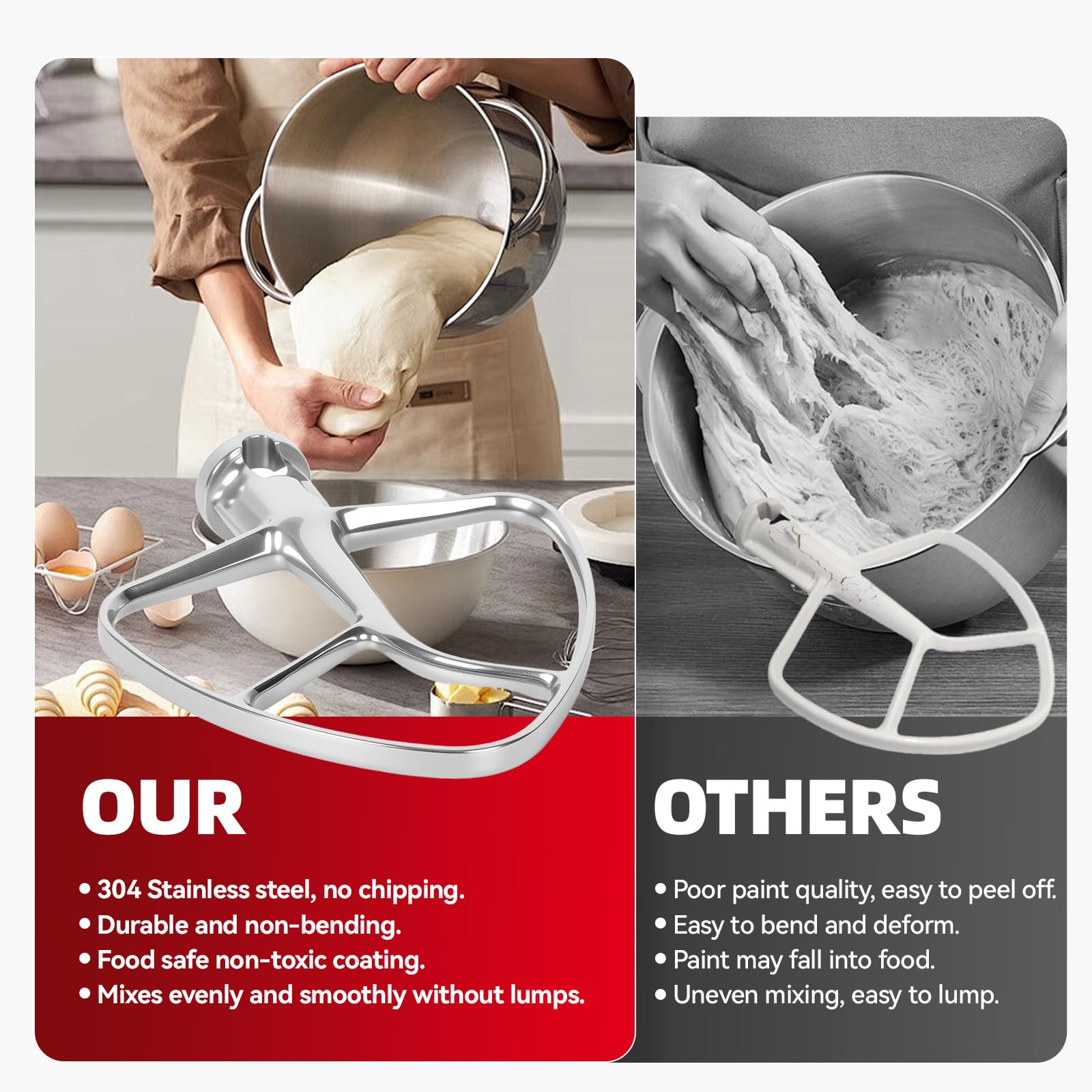 K45B Stainless Steel Flat Beater for Kitchenaid Tilt Head Stand Mixer, Polished Paddle Attachment for KitchenAid Mixer Attachments, Fits 4.5-5 Quart Models, Dishwasher Safe