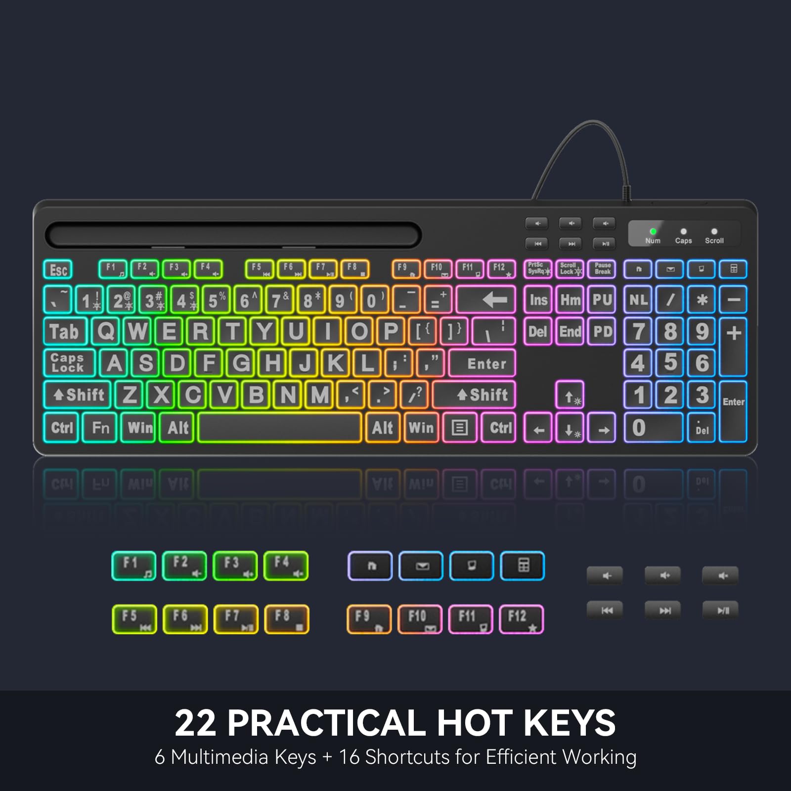 MARVO Large Print Backlit Keyboard, WK712 Wired Computer Keyboard with 7 Colors & 11 Modes Backlight, Silent Light Up Keyboard with Tablet Phone Holder, Full-Size Gaming Keyboard for Windows, Mac
