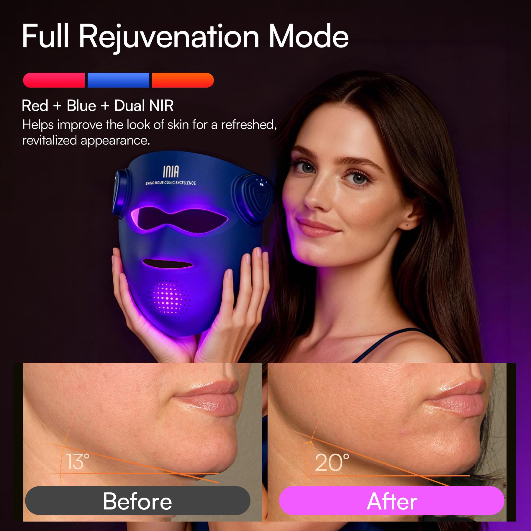INIA Glow 4D Wireless Red Light Therapy Mask for face – Dual NIR, 320 LEDs, 4 Modes, Under-Eye Cooling, Cordless & Rechargeable LED Face Mask for Home & Travel, Skincare Gifts for Women Mom Wife, Blue