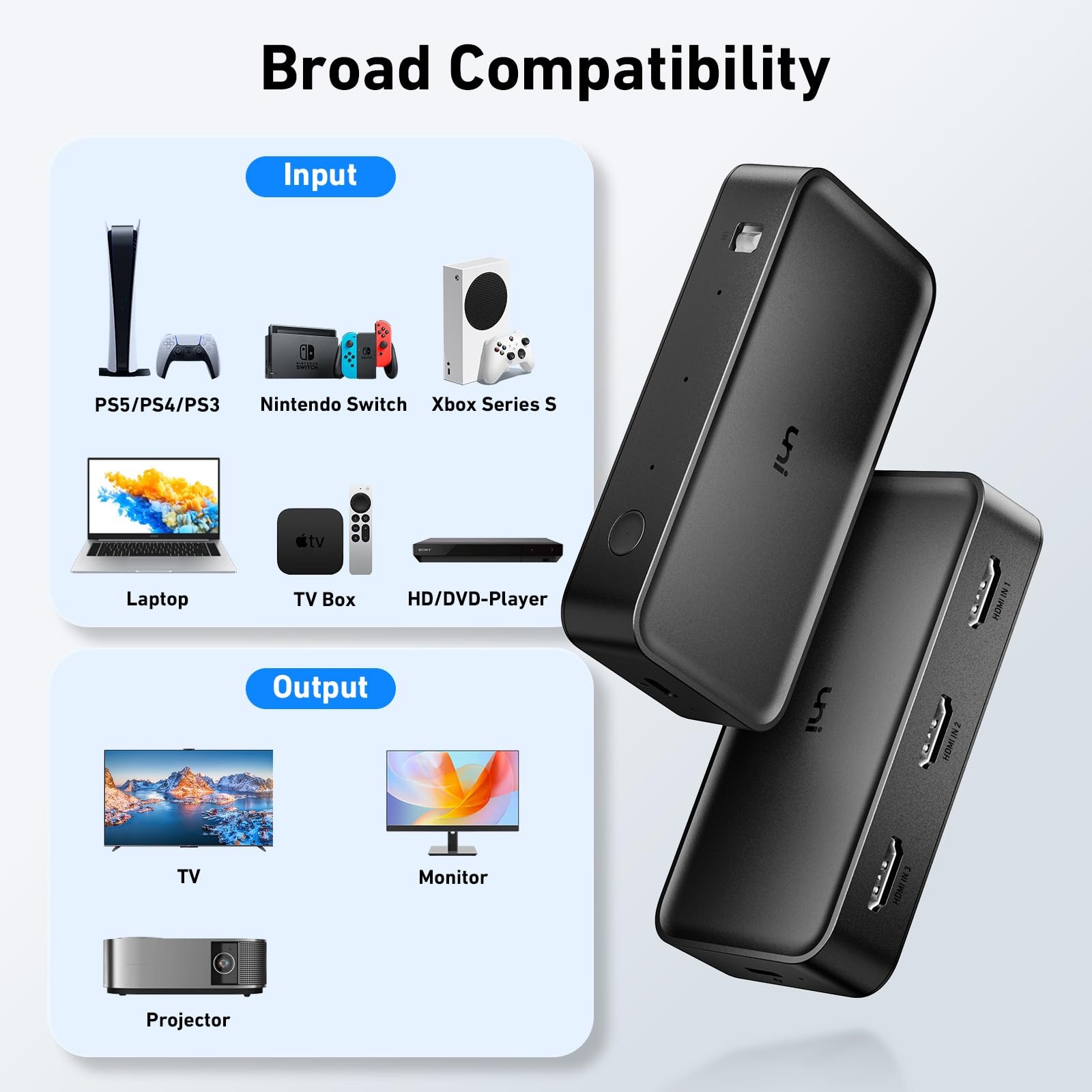 uni HDMI Switch 3 in 1 Out 4K@60Hz, HDMI Splitter Switcher with Remote, HDMI 2.0 Selector 3 Port Box Supports 3D, HDCP2.2, HDR Compatible with Laptop, PS5/4, Xbox, Roku TV, Fire Stick, Blu-Ray Player