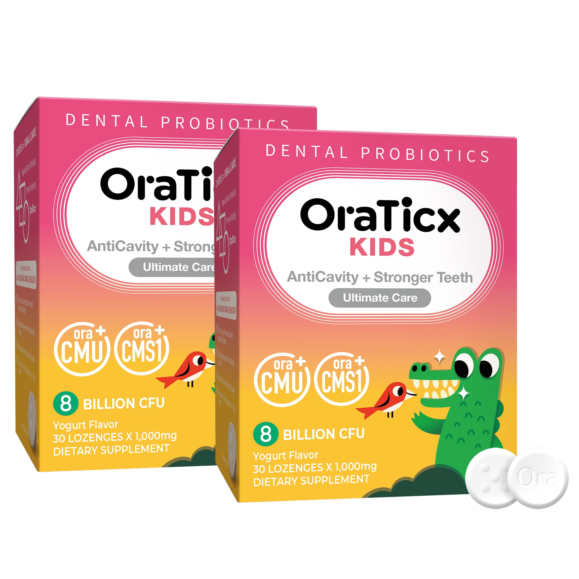 OraTicx Kids Dental Probiotics for Anti-Cavity + Healthy Teeth and Gums, 8 Billion CFU Probiotics for Oral Health, Sugar Free Yogurt Flavor 2-Pack