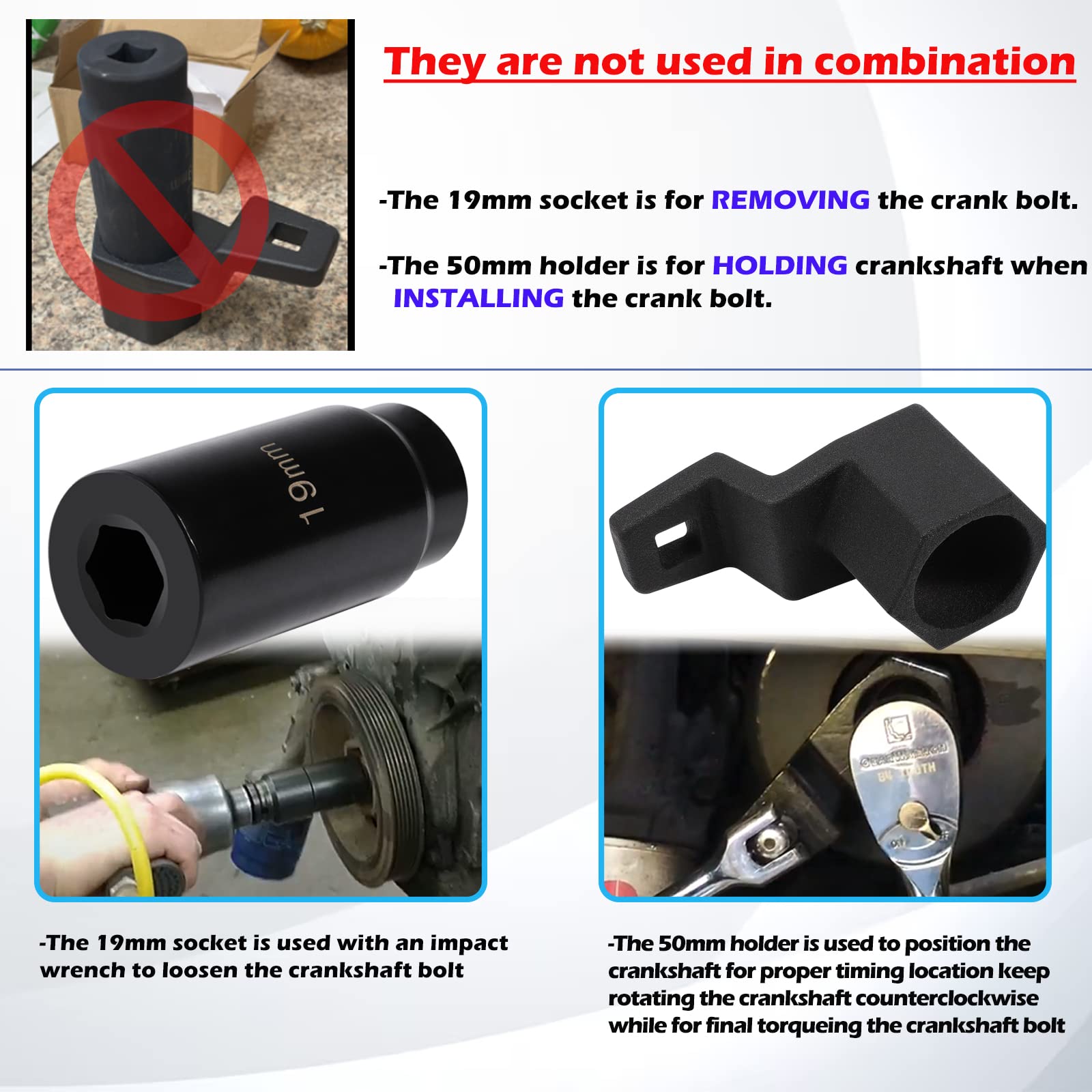 19 mm Harmonic Balancer Socket & 50mm Crankshaft Crank Pulley Wrench Holder for Honda and Acura Engines