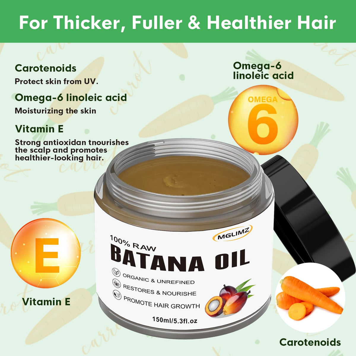 MGLIMZ Natural 100% Raw Batana Oil, 5.3 Fl Oz for Thicker Fuller Hair Growth ,Prevents Hair Loss, Repairs Splitting, Drying and Injuring Hair.