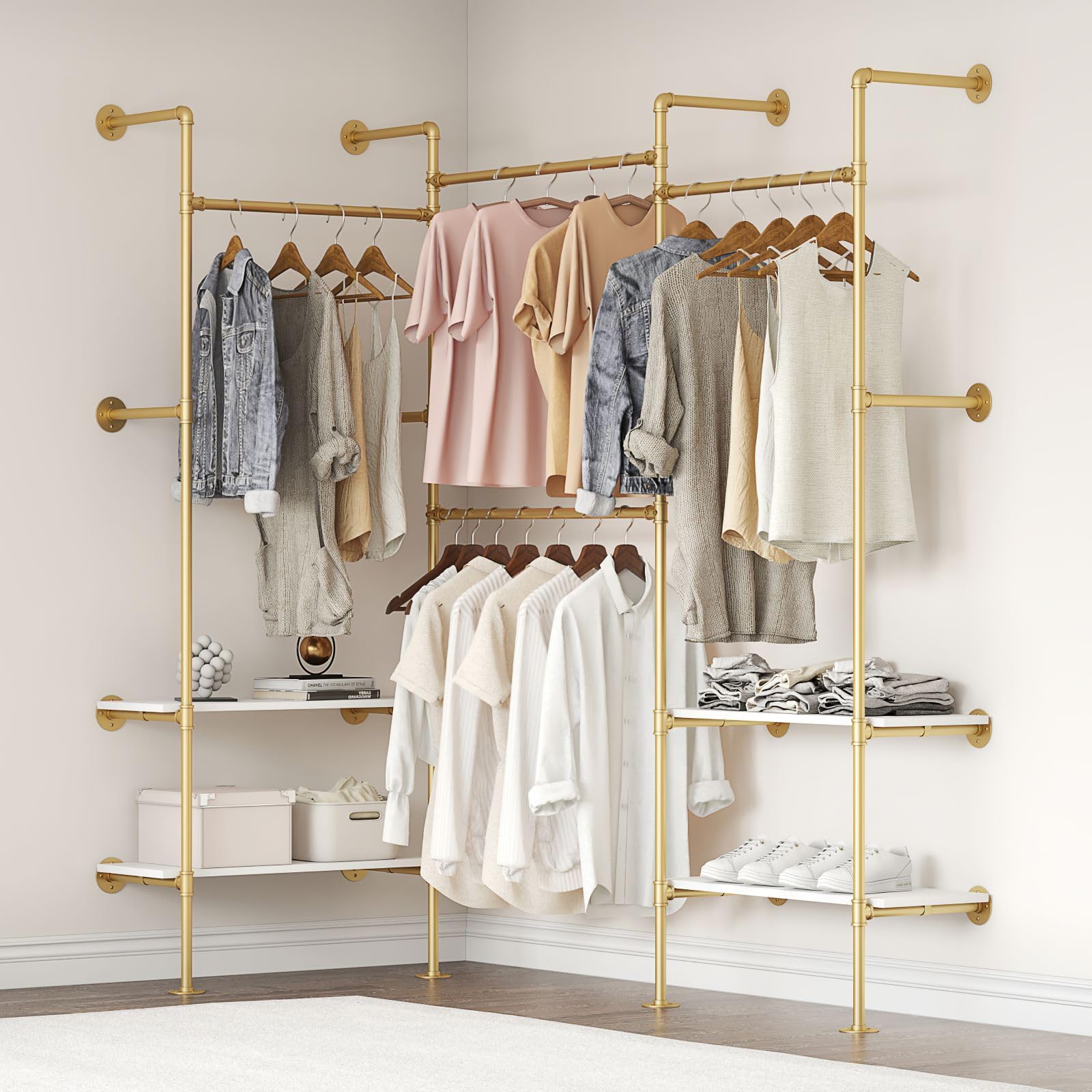 Woskar Industrial Pipe Clothing Rack, Wall Mounted Clothes Rack for Hanging Clothes, Retail Display Rack with Shelves, Add Corner installation Method (Gold, III-2Tier)