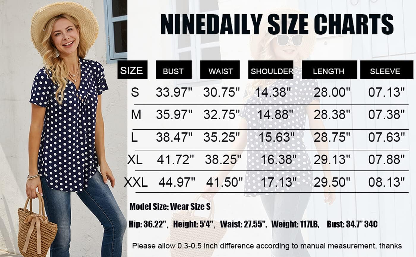 Ninedaily Women's Polka Dot Shirts, Womens Summer Tops Trendy 2024 Tunic Summer Short Sleeve Top Loose V Neck Dressy Shirt Blouse,Navywhite Polka Dot,Size XL