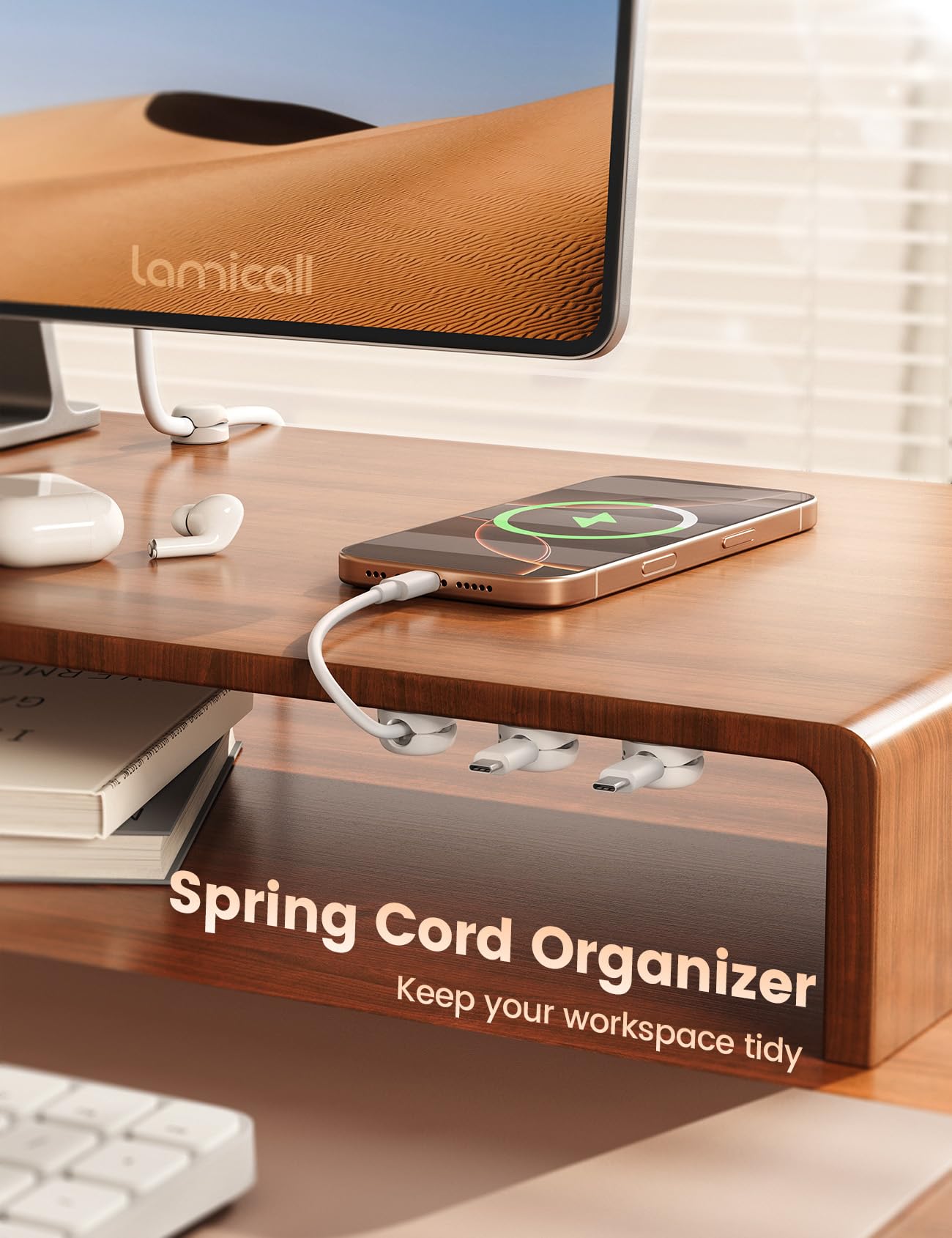 Lamicall Cord Organizer, Spring Cable Management Clips - 6Pack Latest Compact Desk Cable Holder Clips, Nightstand Phone Charging Cord Holder, 8mm Slot Adhesive Wire Organizer, Office Accessory, White