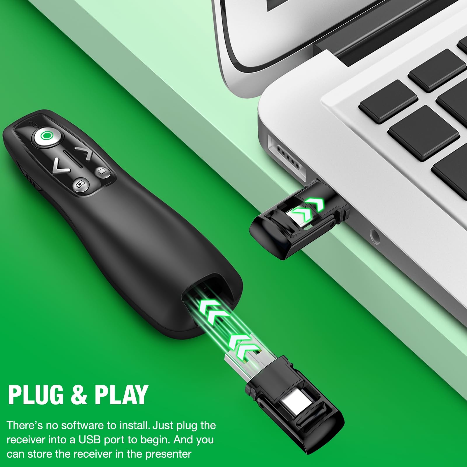 3-in-1 USB Type C Presentation Clicker Wireless Presenter Remote with Green Light for PowerPoint, Powerpoint Clicker with Volume Control PowerPoint Slide Advancer for Mac, Computer, Laptop