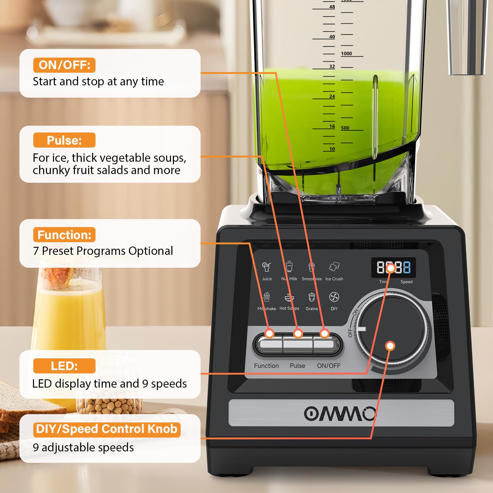 OMMO Blender, Peak1800W Blender for Smoothies, 68oz BPA-Free Smoothie Blenders for Kitchen with 9 Speed Control&Built-in Timer, Dishwasher Safe for Ice Crush, Smoothies, Frozen Drinks and Fruits