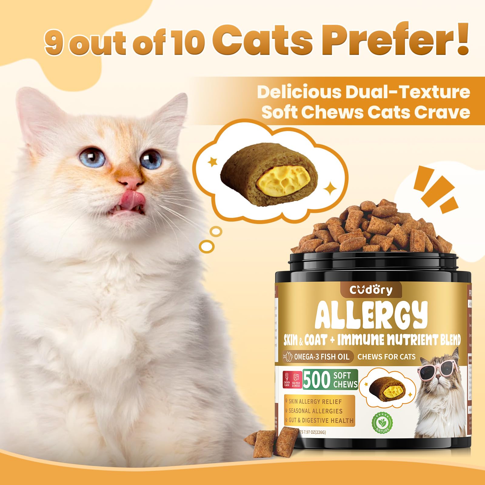 Cudory Chews for Cats Bundle-Allergy Relief for Cats+Cat Probiotics Tasty Chews for Digestive & Gut Support-Omega 3 & Probiotic Natural Cat Supplements-Chicken