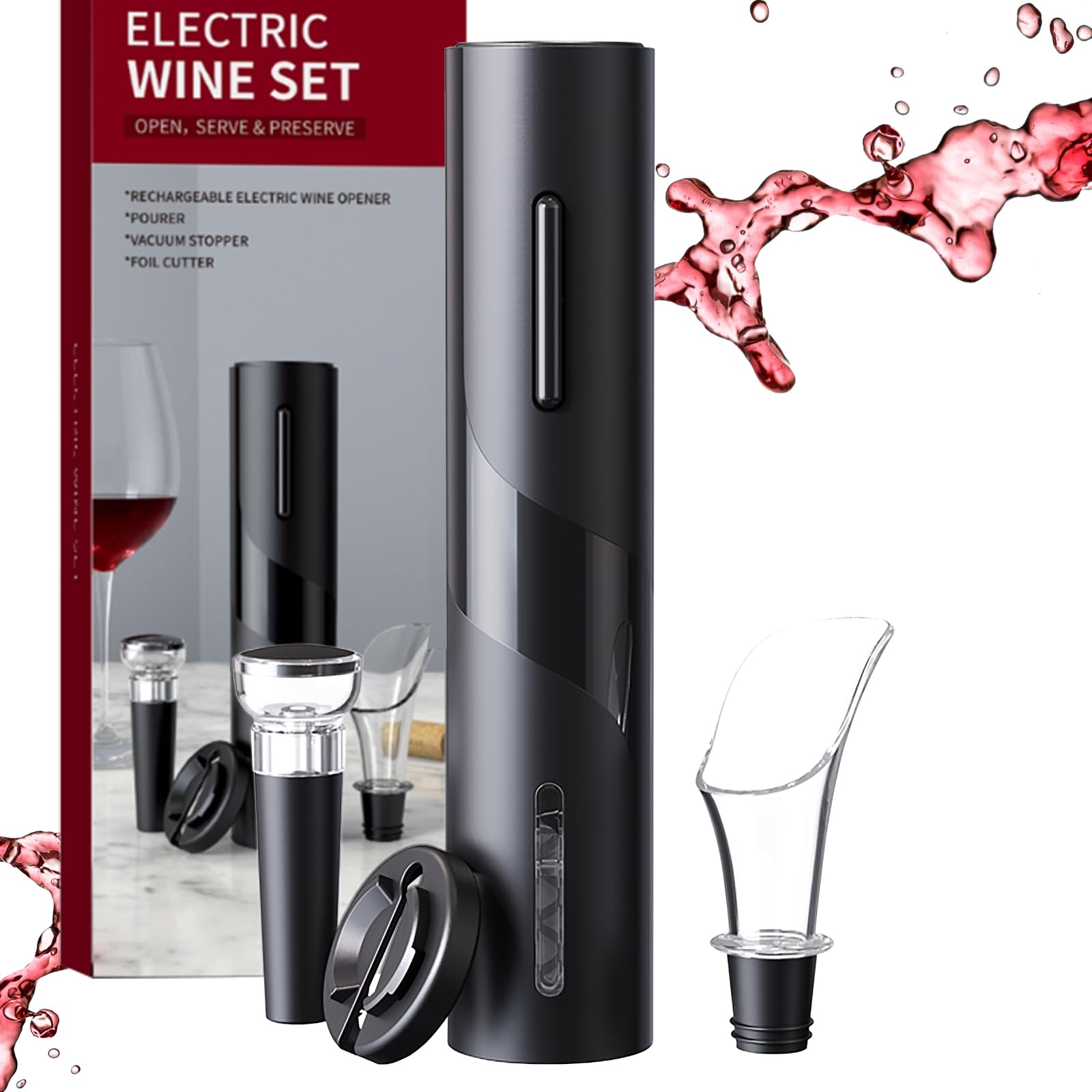 Electric Wine Opener 4-in-1 Gift Set, Vacuum Wine Stopper, Wine Pourer, Foil Cutter, Corkscrew, Battery Operated, Wine Cap, Wine Aerator, Easy Wine Cork Removal to Storage(SGS)