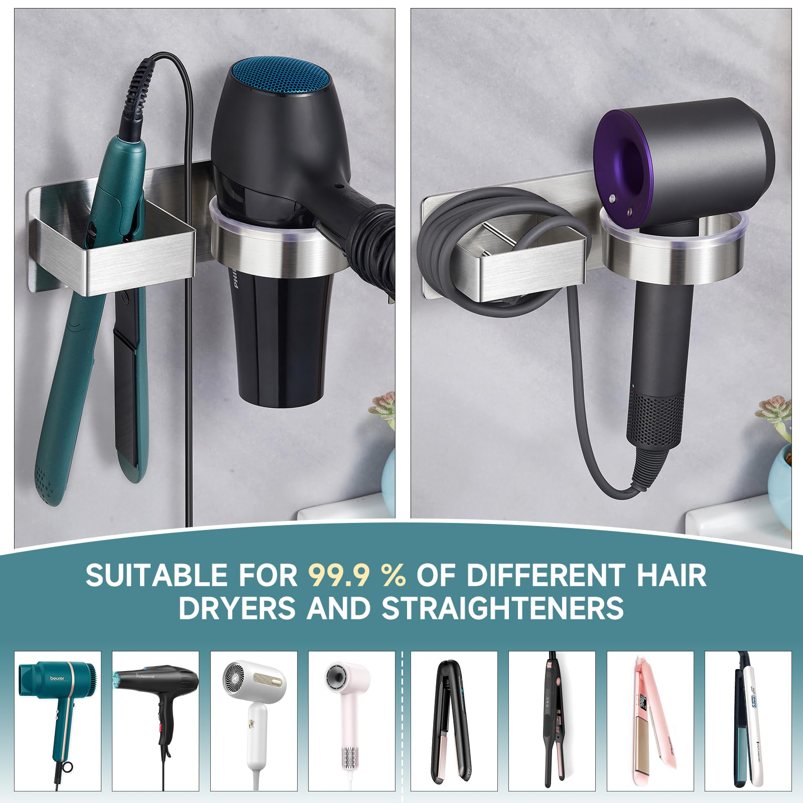 Hair Dryer Holder, Hair Tool Organizer, Stainless Steel Blow Dryer Holder Wall Mounted, Adhesive Straightener Holder, Bathroom Hair Care Styling for Flat Iron,Curling Iron,Hairdryer