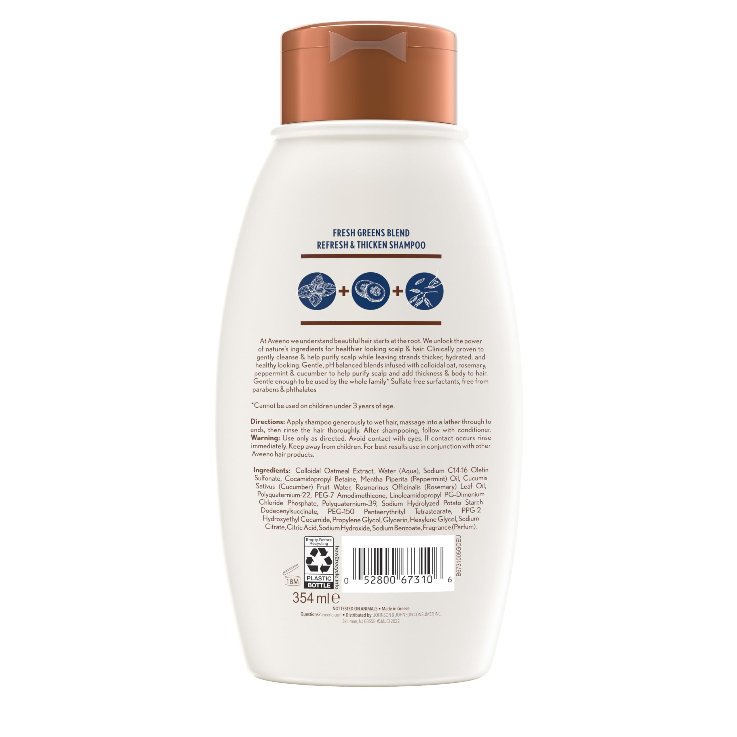 Aveeno, Fresh Greens Blend Sulfate-Free Shampoo with Rosemary, Peppermint & Cucumber to Thicken & Nourish, Clarifying & Volumizing Shampoo for Thin or Fine Hair, Paraben-Free, 12oz
