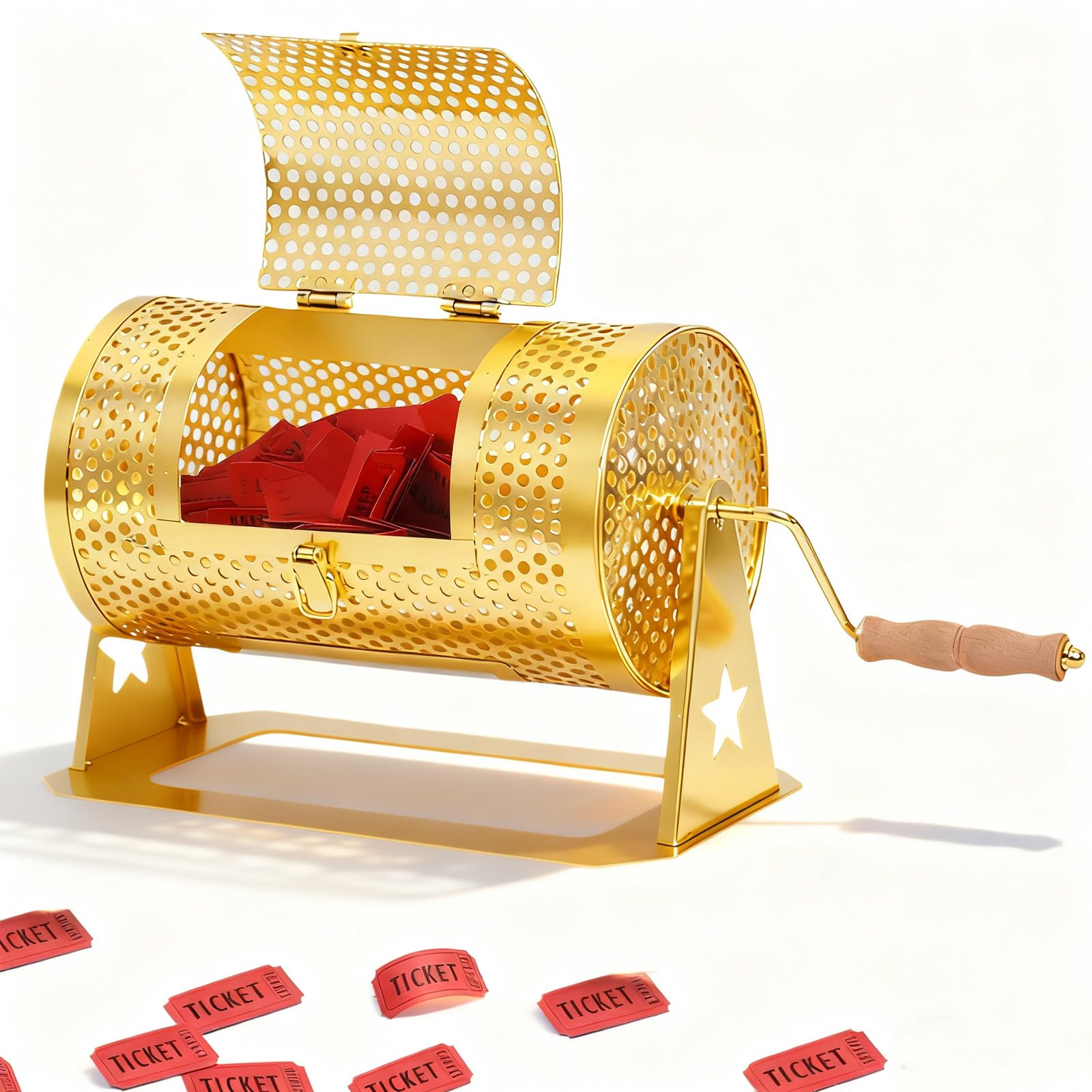AMOEJOV Raffle Drum, Professional Raffle Ticket Spinning Cage,Thickened Metal Raffle Ticket Spinner Box with Sealing Tape, Silent Design Wooden Turning Handle.for Lottery Games, Bingo, Raffle Balls
