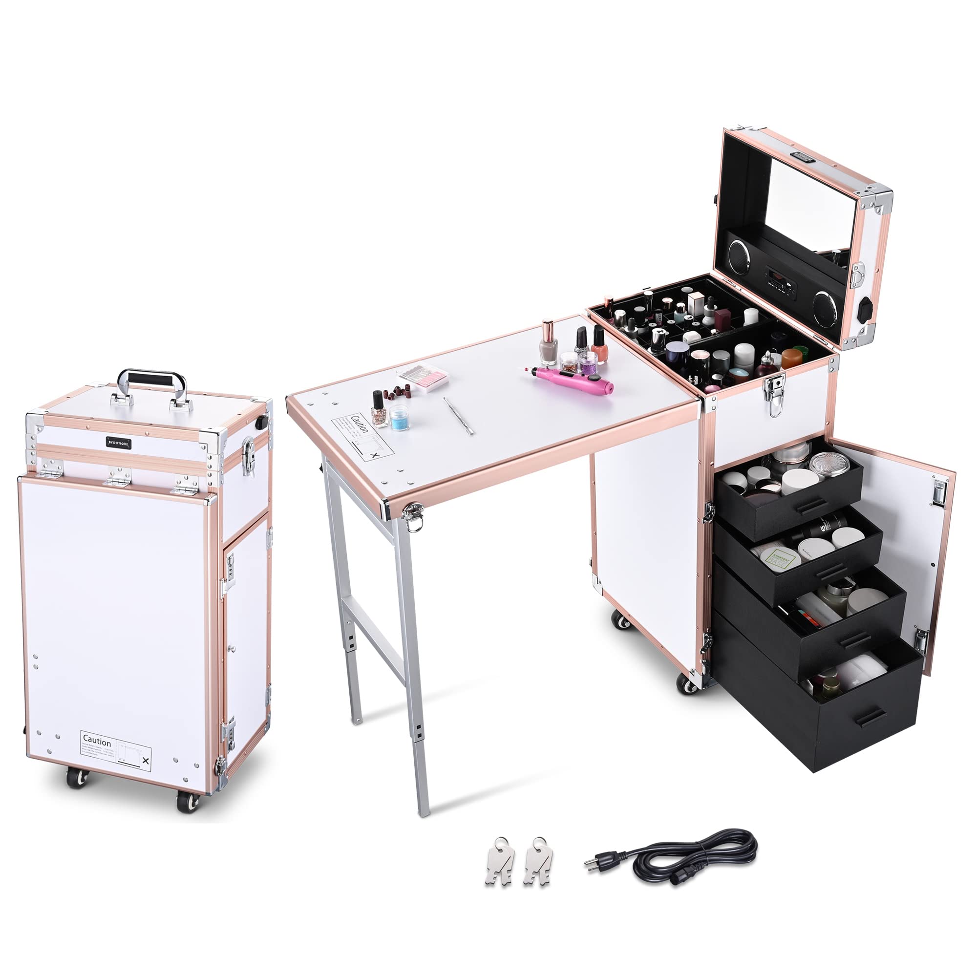 BYOOTIQUE Rolling Manicure Table Foldable Nail Salon Station Makeup Train Case Cosmetic Trolley Travel Storage Organizer with 4 Drawers Mirror & Speaker for Technician Workstation, Rose Gold