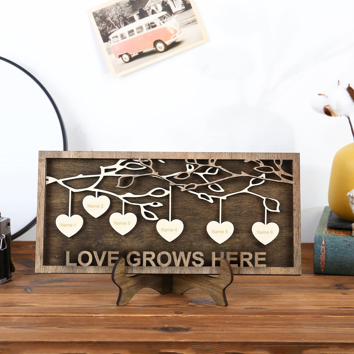 Jeweidea Personalized Family Sign with 2-9 Names Custom Wooden Tree of Life Frame Engraved Wood Plaques Decor Birthday Gift for Mom Women (6 Names)