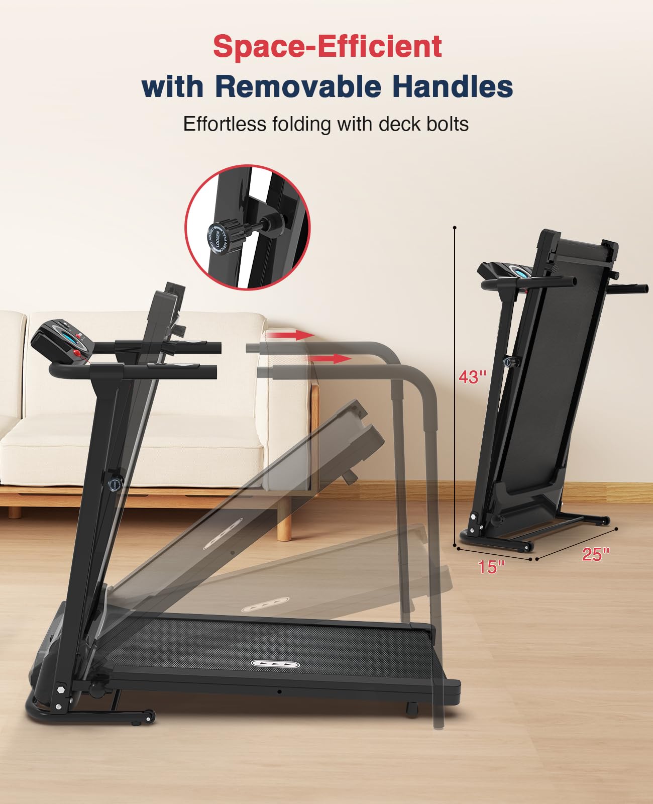 Redliro Treadmill for Seniors with Long Handrails - 300 lbs Capacity Walking Treadmill for Elderly with Cup Holder - Recovery Machine for Home Use with Clear, Non-Scrolling Display (Light Black)