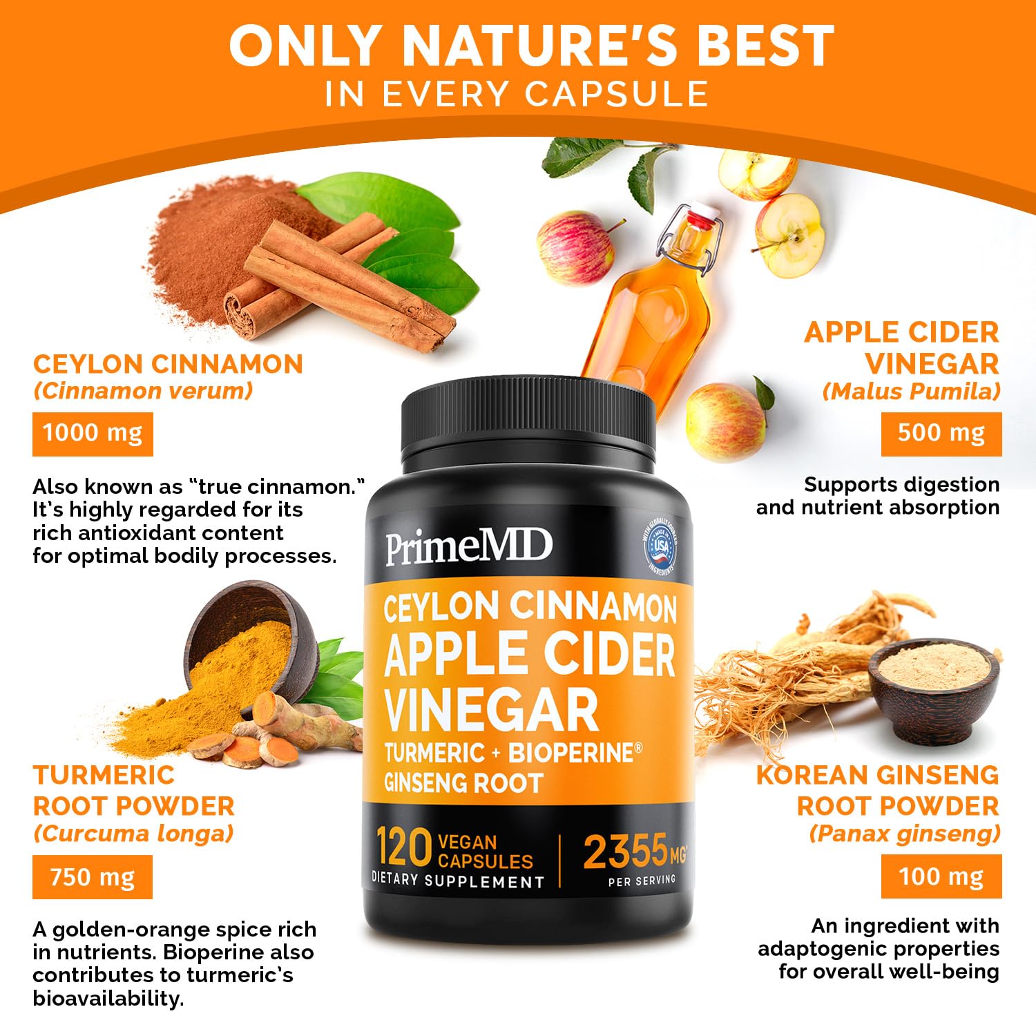 5-in-1 Ceylon Cinnamon Capsules 2355mg - Ceylon Cinnamon and Apple Cider Vinegar Capsules - Turmeric and Panax Ginseng Capsules - Cinnamon Supplements with Bioperine, 120 ct