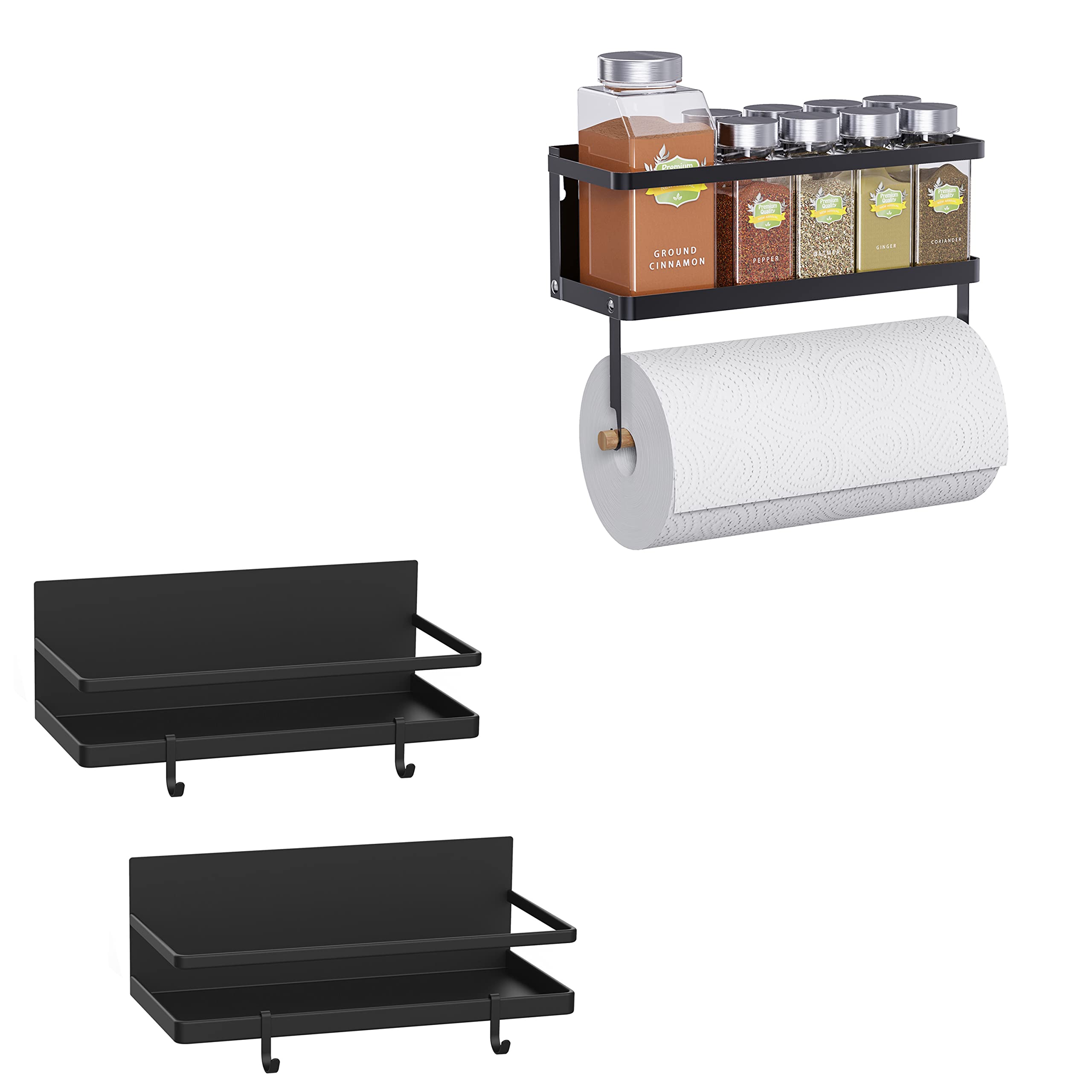 Thipoten Magnetic Spice Rack, 2-in-1 Foldable Strong Magnetic Shelf with Paper Towel Holder, Perfect Space Saver for Small Kitchen/Apartment, Easy to Install on the Side of Refrigerator(Black)