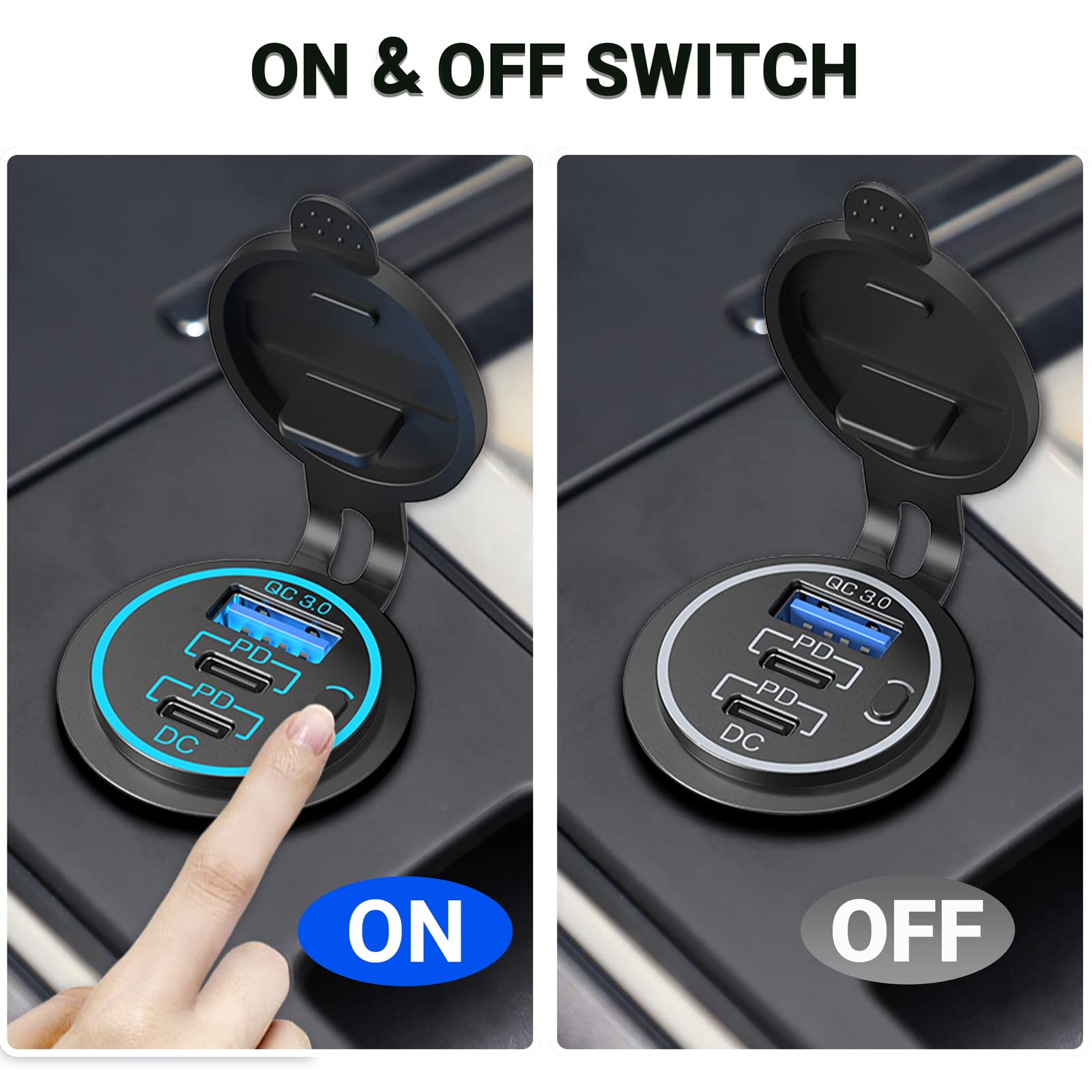 USB C Car Charger Socket 12V USB Outlet 2 Pack,78W RV USB Outlet Dual 30W PD USB-C and 18W QC3.0 Car USB Port with Button Switch Waterproof for Car RV Boat Marine Truck Motorcycle ect