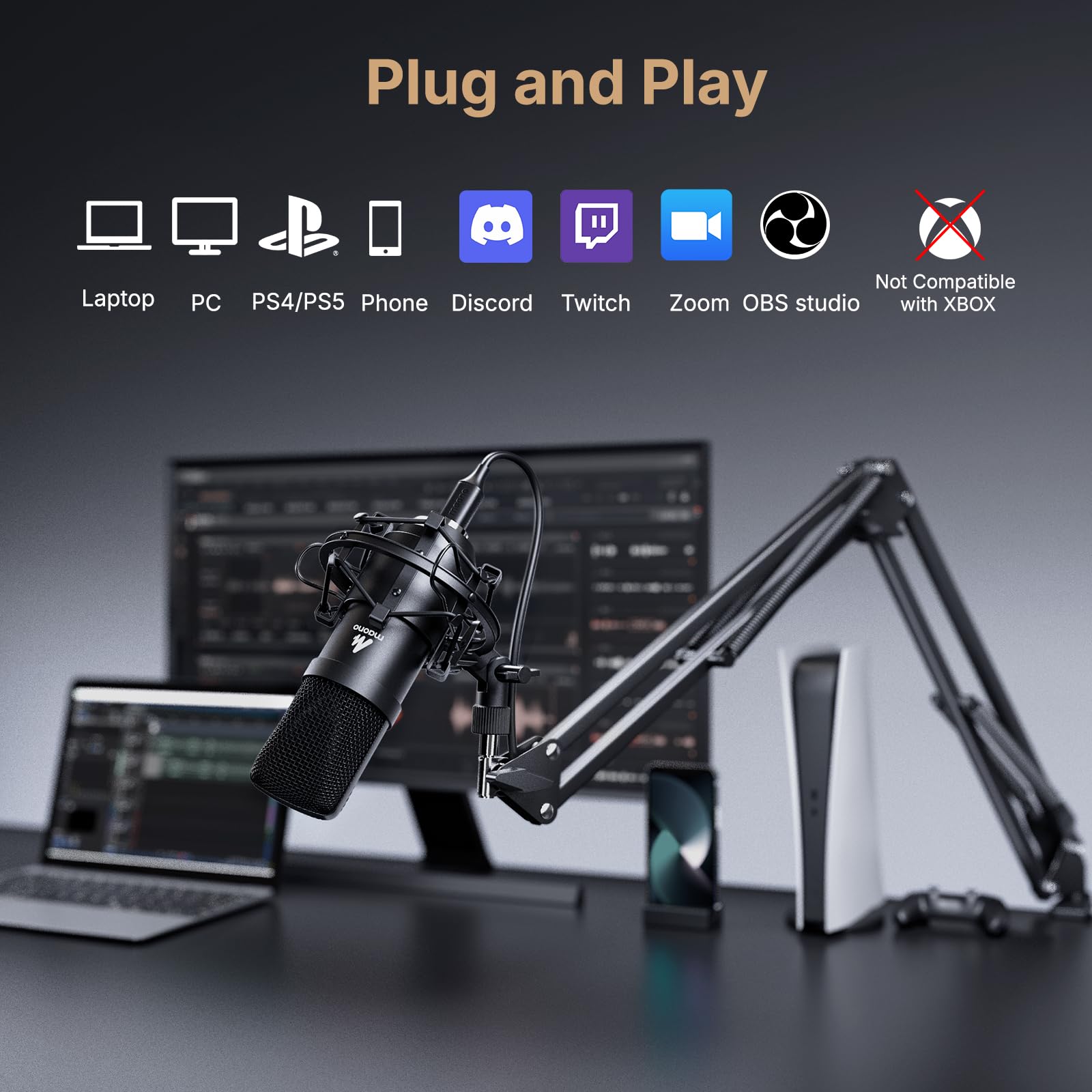 USB Microphone, MAONO 192KHZ/24Bit Plug & Play PC Computer Podcast Condenser Cardioid Metal Mic Kit with Professional Sound Chipset for Recording, Gaming, Singing, YouTube (AU-A04)