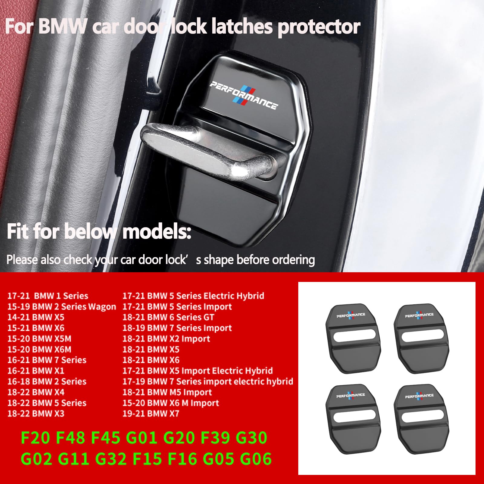 Speechn Car Door Lock Latches Cover Protector Replacement for BMW Car Accessories 1 2 5 6 7Series X1 X3 X5 X6 F15 F20 F45 G01 G02 G20 G30(4Pcs Black