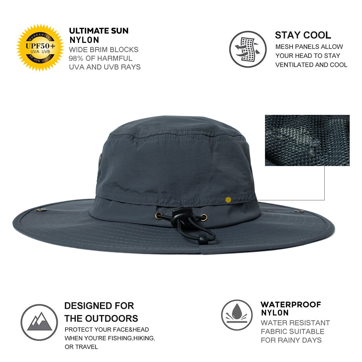 Comhats UPF 50 Sun Hats Wide Brim Summer Safari Hat Fishing Hiking Boonie Hats for Men Waterproof Dark Grey Large X-Large XL XXL Oversize