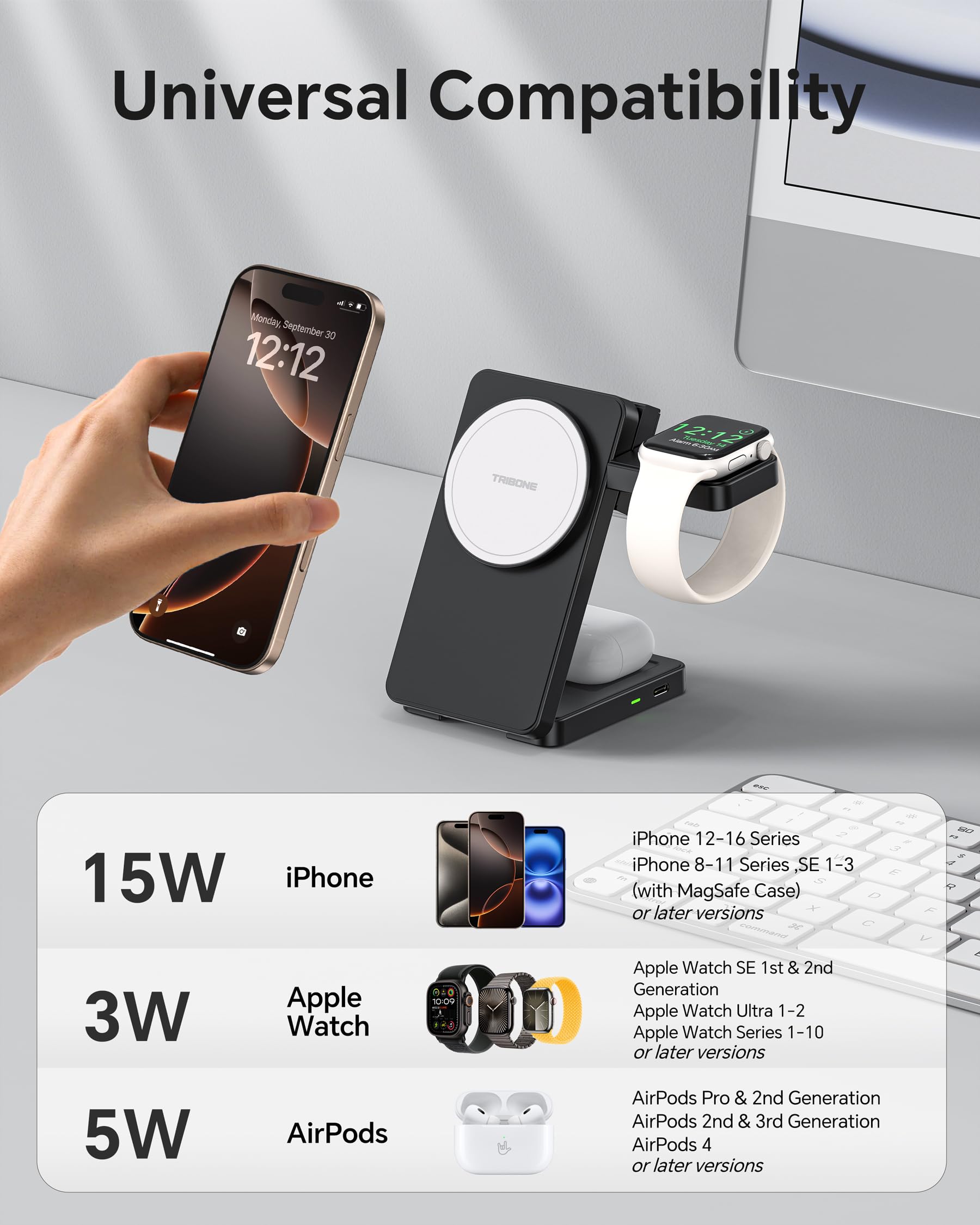 3 in 1 Charging Station for iPhone 16 15 14 13 12, 11 X 8 Series (with MagSafe Case), Wireless Charger for Apple Watch,Travel Magnetic Charging Stand for AirPods (Black-White)