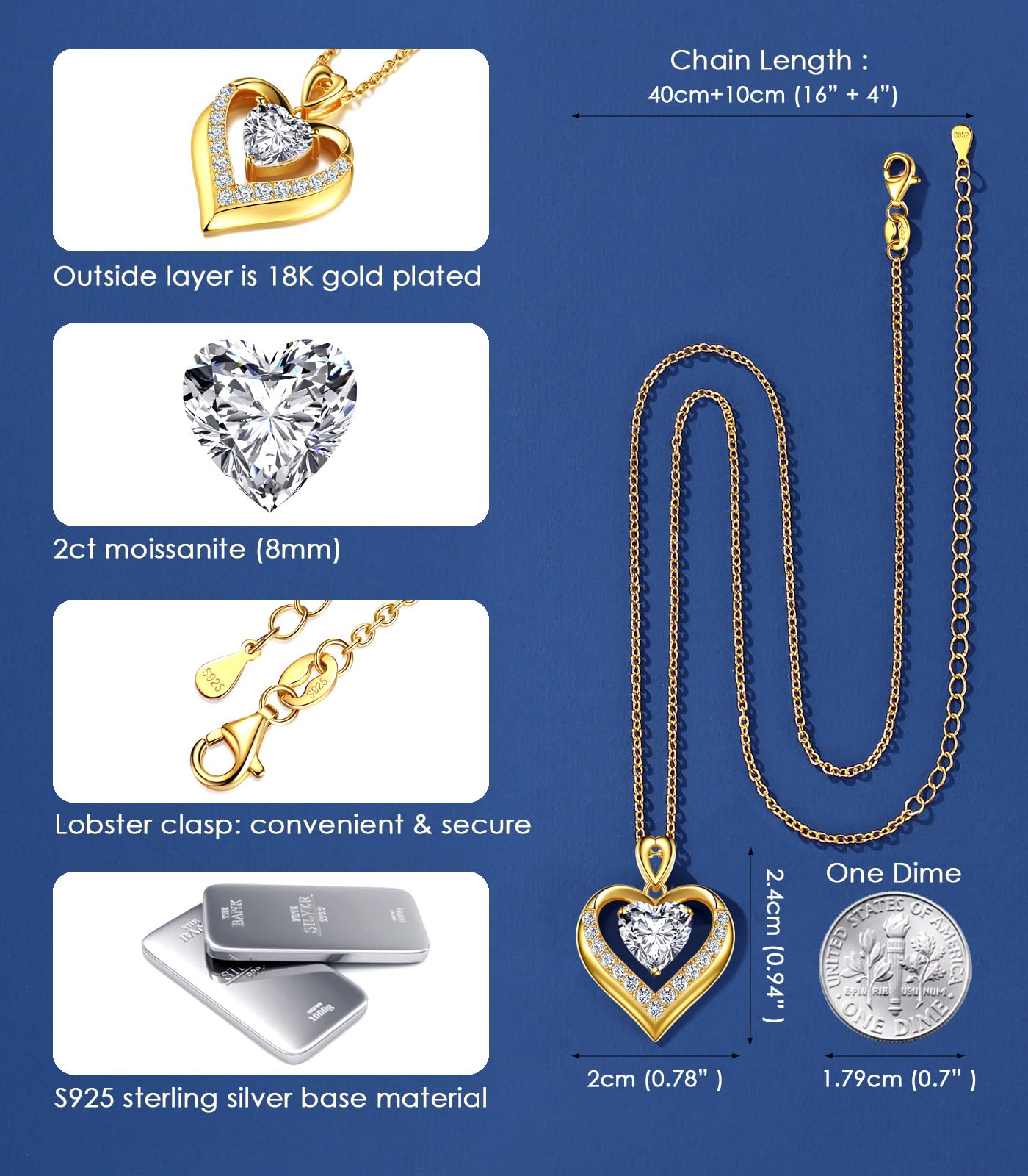 Beam & Bask 2 Ct Moissanite Double Heart Pendant Necklace for Wife, 18K Gold Plated S925 Silver Jewelry for Women Girlfriend Mom Her on Anniversary Birthday
