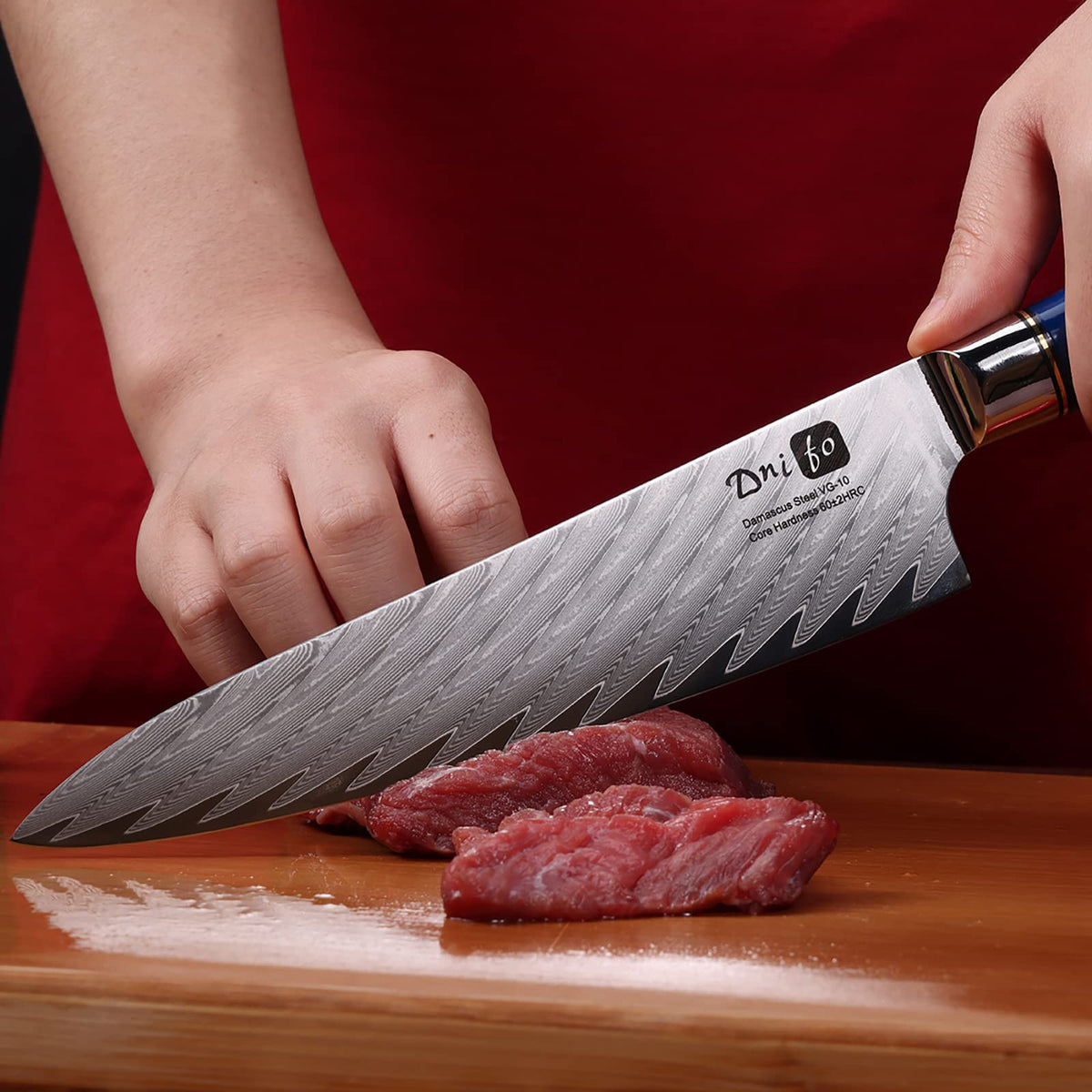 Cloverpeia Chef Knife 8 inch Professional Kitchen Knife, Damascus VG-10 67-Layer Stainless Steel Japanese Chef Knife, Damascus Chef Knife Ergonomic Blue Resin & Wood Handle Gift Box