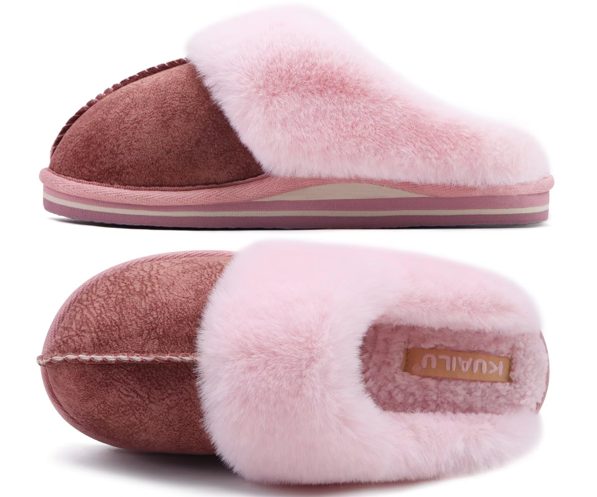 KuaiLu Womens Slippers, Fluff Dual Memory Foam Slippers Ladies Cozy Arch Support Warm Scuff Slippers Slip on Comfy Winter House Shoes with Non-Slip Indoor Outdoor Hard Sole Pink 8
