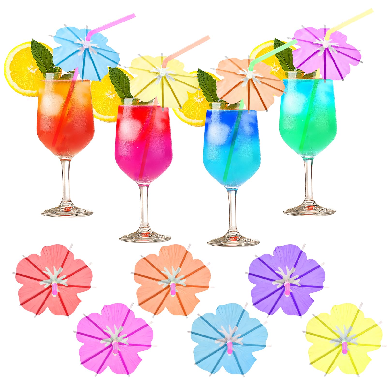 WELLFAR Fun Umbrella Drink Straws, Tropical Cocktail Straws with Mini Umbrella, Tiki & Hawaiian Party Decorations, Colorful Parasol Straw for Margarita, Pina Colada, Mojito, Summer Beverages. 50 PCS