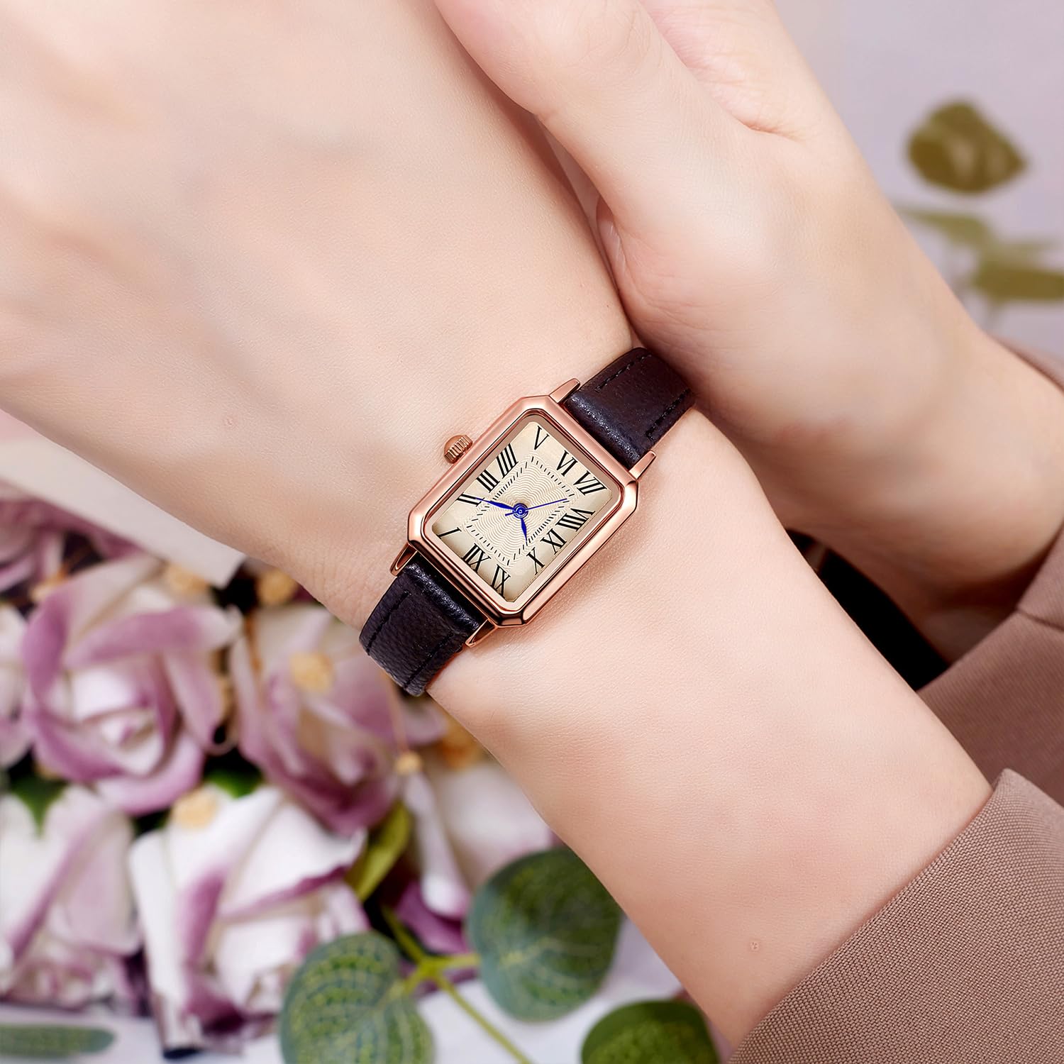 BESTKANG Leather Strap Watches for Women Elegant Dainty Ladies Watch Vintage Rectangle Women Quartz Wrist Watch (Black Gold)