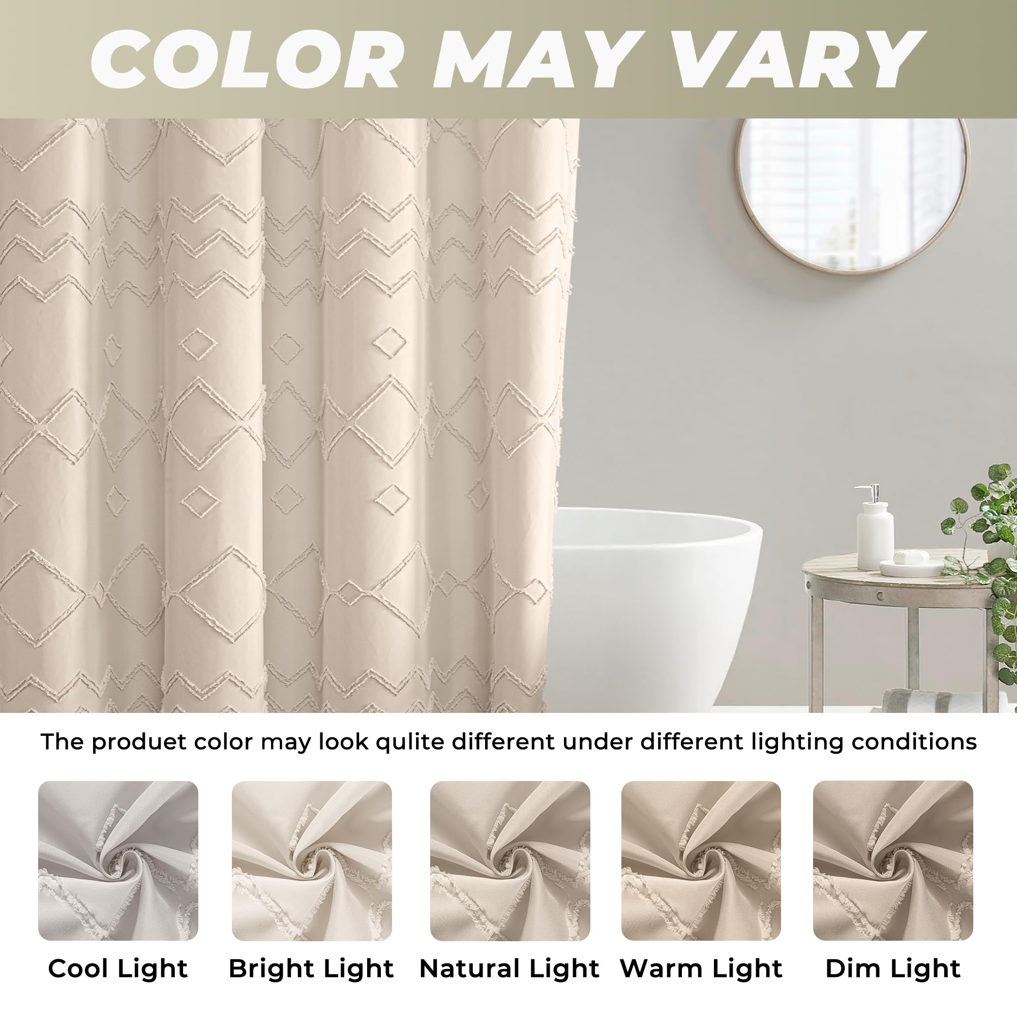 Seasonwood Beige Shower Curtain, Boho Woven Tufted Geometric Fabric Shower Curtain for Bathroom Modern Shabby Chic Textured Waterproof Farmhouse Cloth Shower Curtains, 72 x 72 Inches