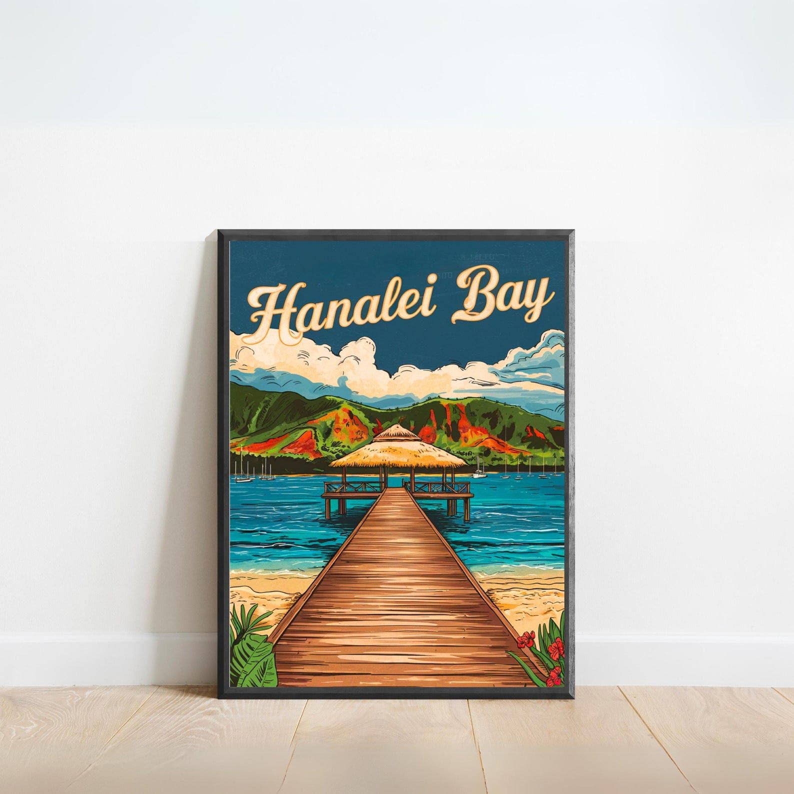 Hanalei Bay Vintage Travel Poster Hanalei Bay Print Hawaii Wall Art Framed Gift United States Present