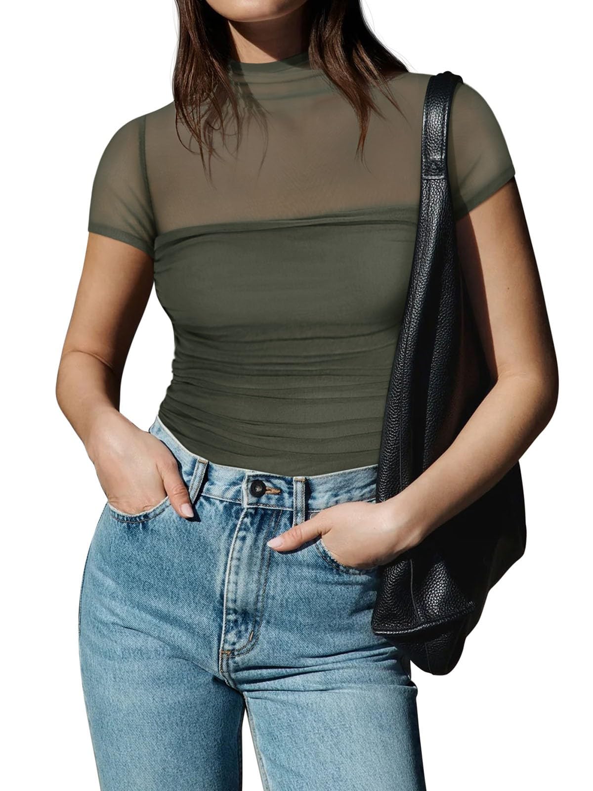 REORIA Sexy Bodysuits for Women Classic Mock Turtle Neck Short Sleeve Slim Fit Shirts Sheer Mesh Ruched Trendy Going Out Tops Cute Office Bodysuits Grey Green Small