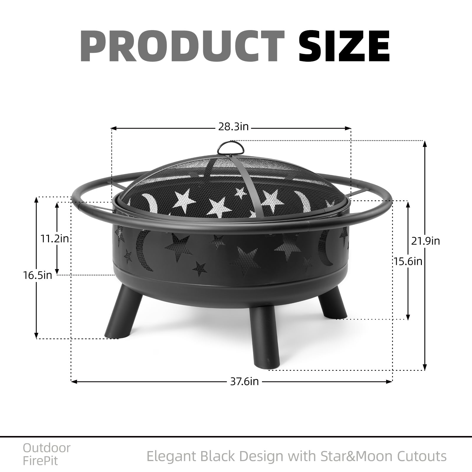 Grovelli 38" Round Wood Burning Fire Pit with Mesh Cover, Fire Poker, Star & Moon Cutouts, Metal Outdoor Firepit for Patio, Backyard, Garden, Bonfire, Camping, Christmas, Thanksgiving, Halloween